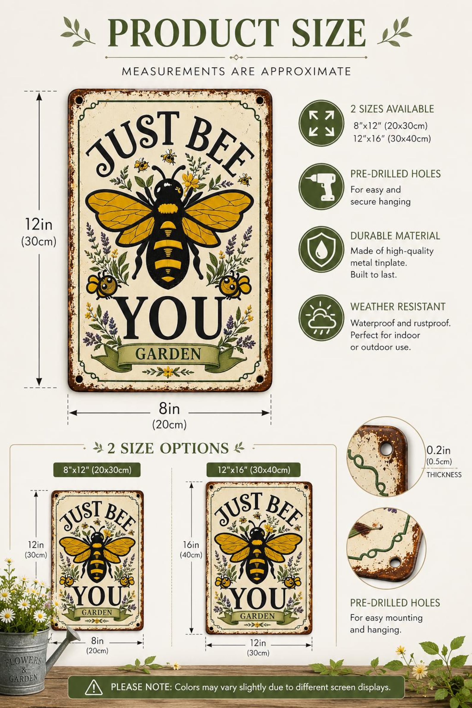 Just Bee You Garden Metal Sign, Vintage Floral Bee Wall Decor