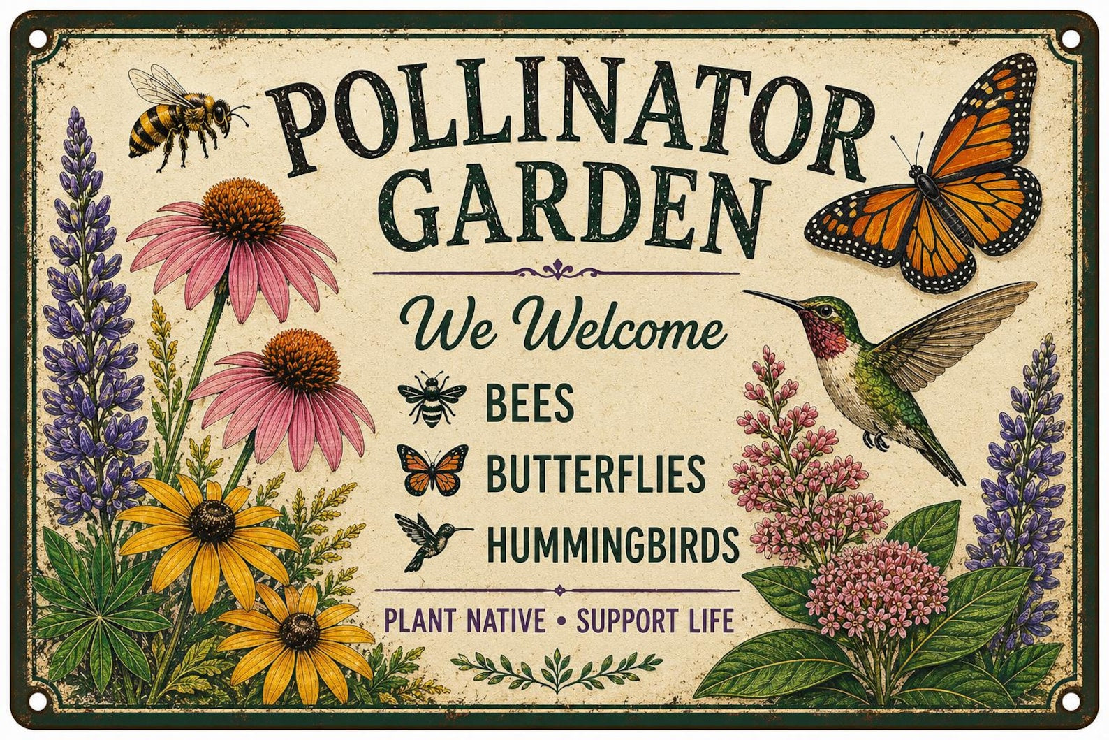 Pollinator Garden Metal Sign, Native Wildflower Decor, Bee Butterfly Hummingbird Plaque