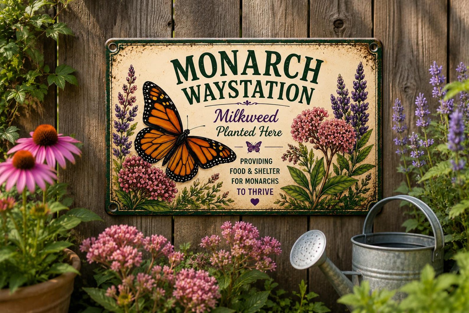Monarch Waystation Metal Sign, Butterfly Garden Decor, Milkweed Plaque, Pollinator Habitat Art