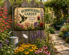 Hummingbird Garden Metal Sign, Vintage Nectar Plant Yard Art, Pollinator Flower Plaque