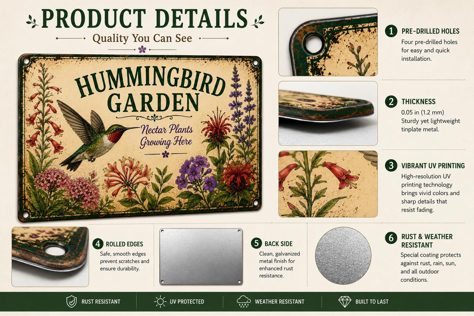 Hummingbird Garden Metal Sign, Vintage Nectar Plant Yard Art, Pollinator Flower Plaque