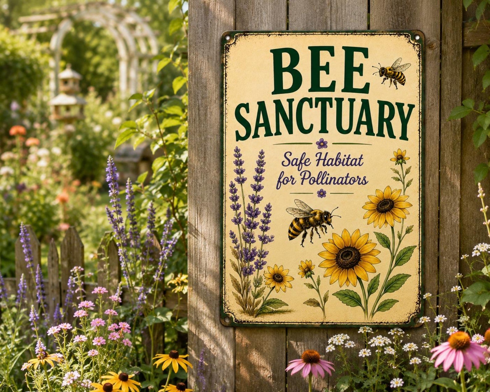 Bee Sanctuary Metal Sign, Pollinator Garden Decor, Wildflower Habitat Plaque
