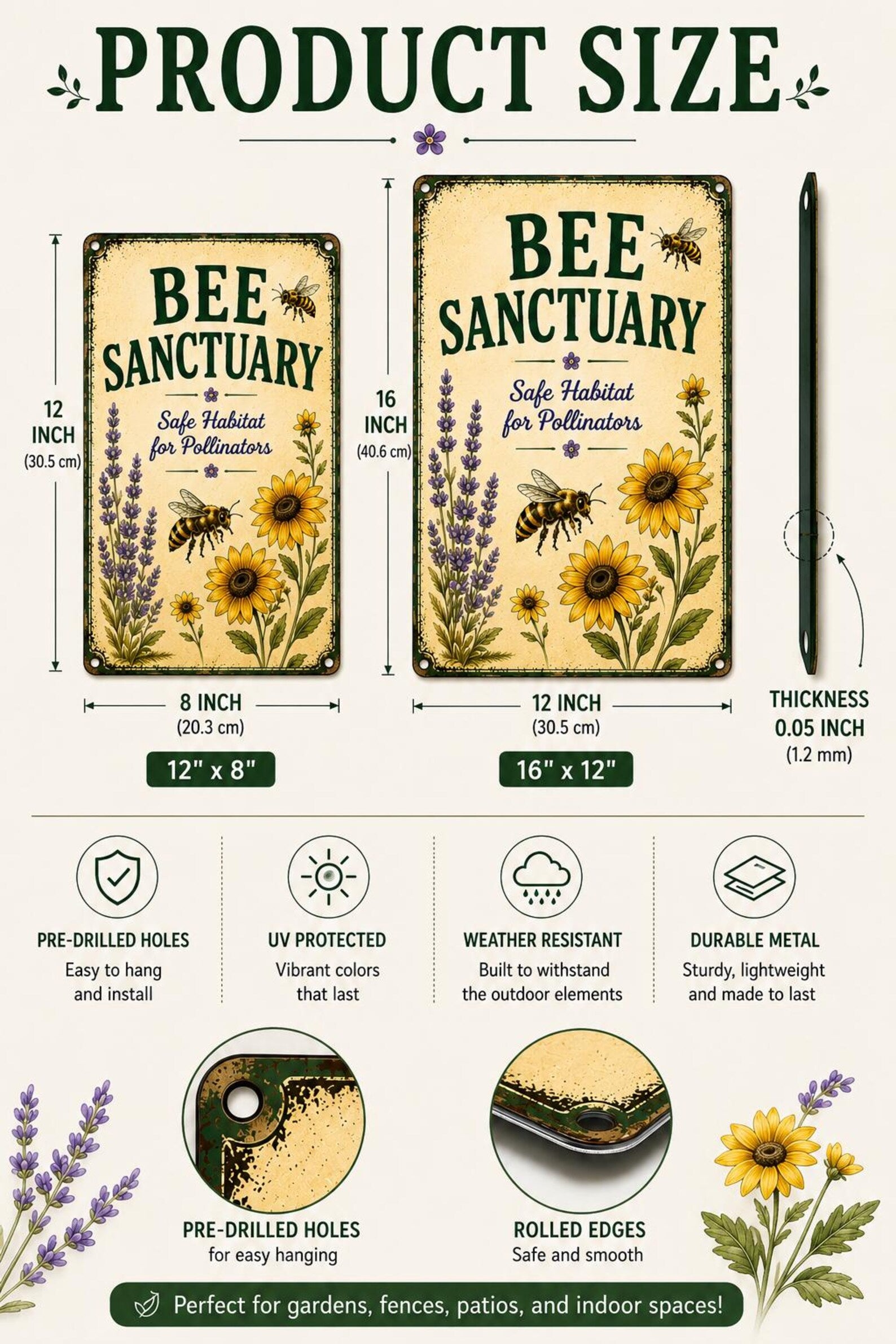 Bee Sanctuary Metal Sign, Pollinator Garden Decor, Wildflower Habitat Plaque
