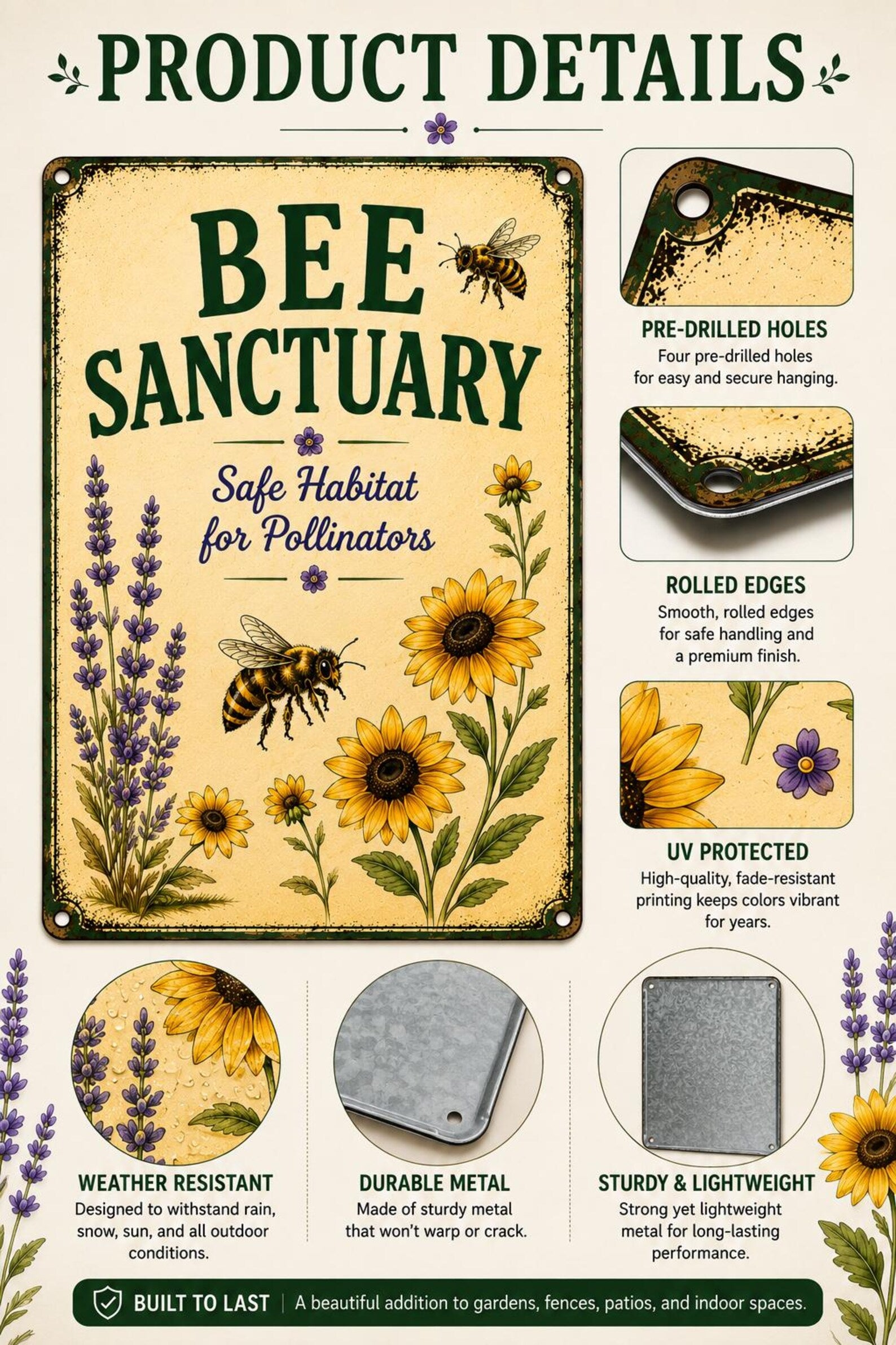 Bee Sanctuary Metal Sign, Pollinator Garden Decor, Wildflower Habitat Plaque