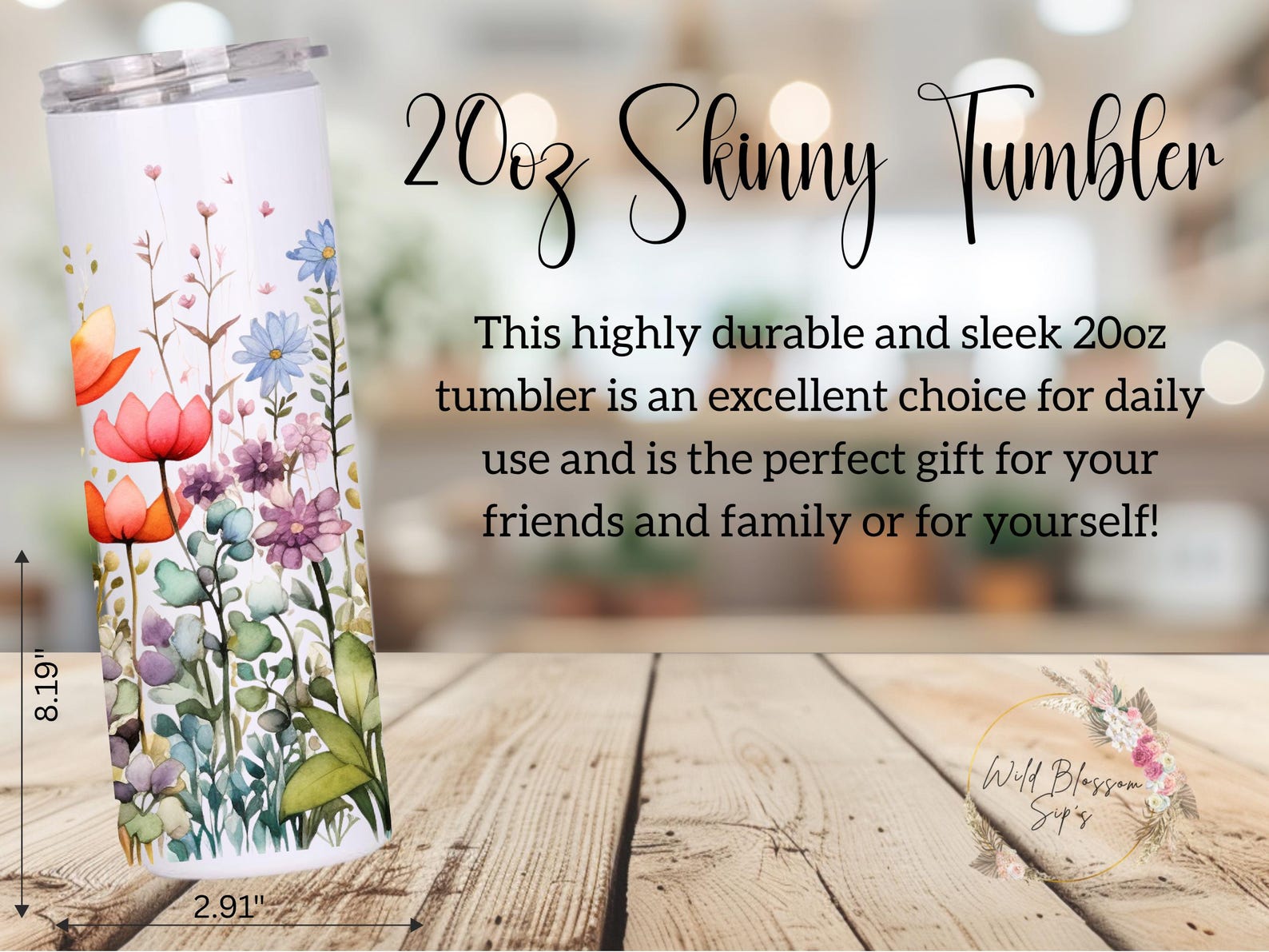 Personalized Wildflower Tumbler: 20oz Stainless Steel, Boho Floral
