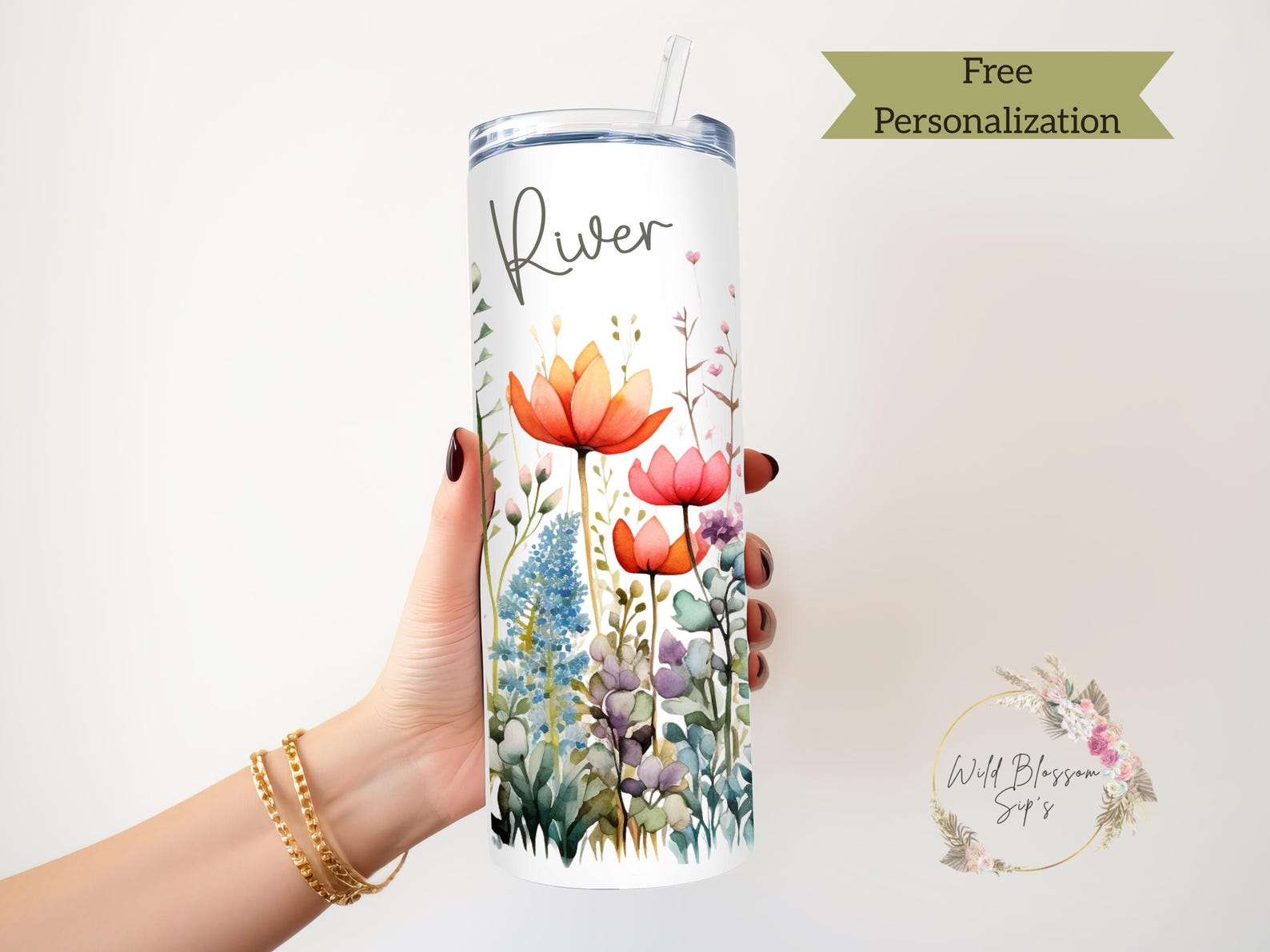 Personalized Wildflower Tumbler: 20oz Stainless Steel, Boho Floral