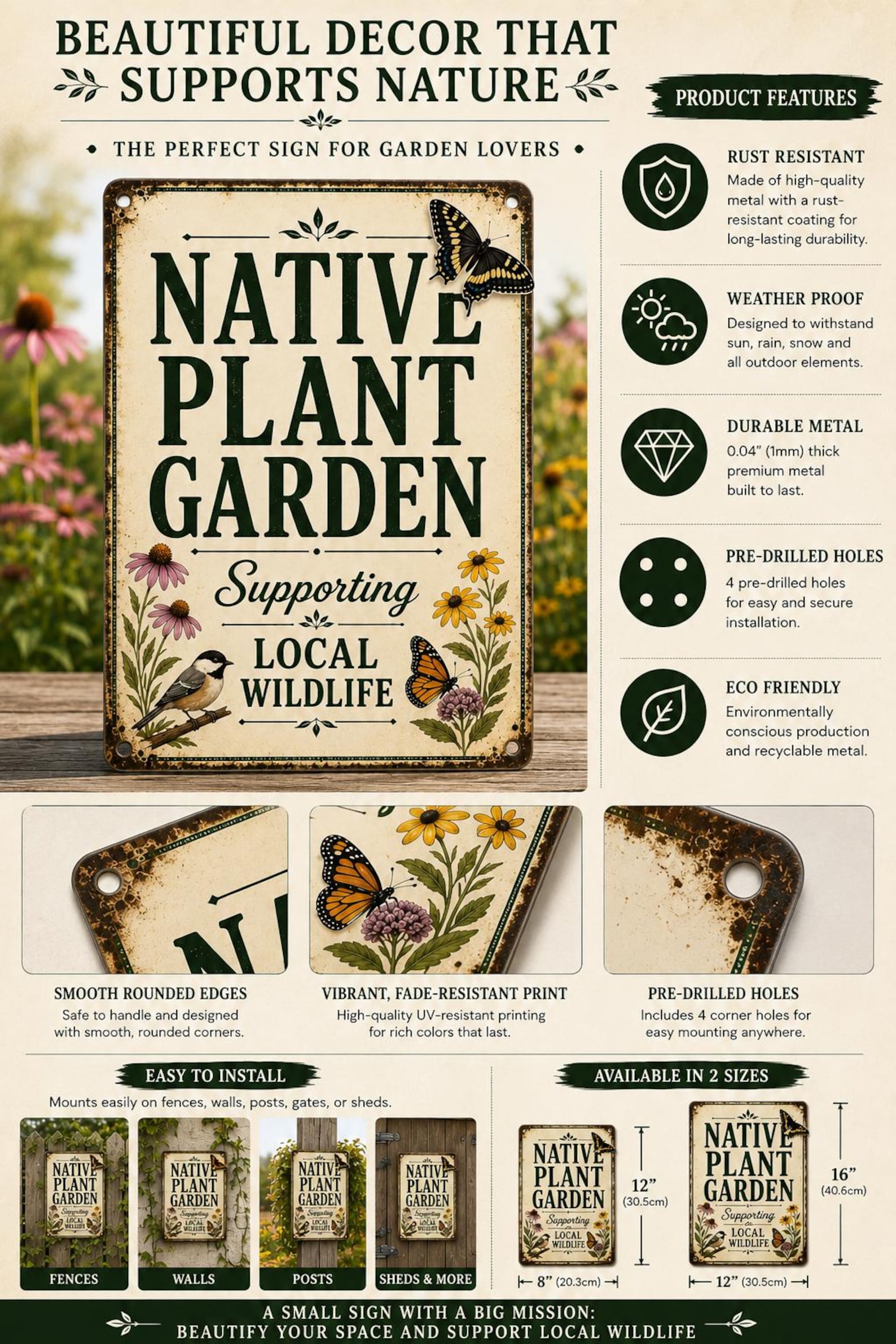 Native Plant Garden Sign, Wildlife Friendly Decor, Pollinator Habitat Plaque, Botanical Art
