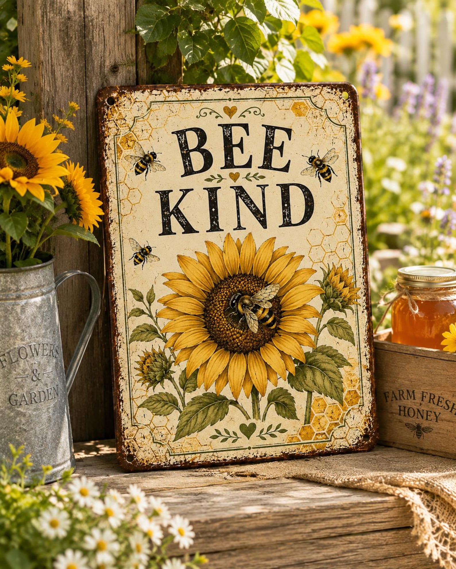 Bee Kind Sunflower Metal Sign, Rustic Farmhouse Garden Decor, Vintage Pollinator Art