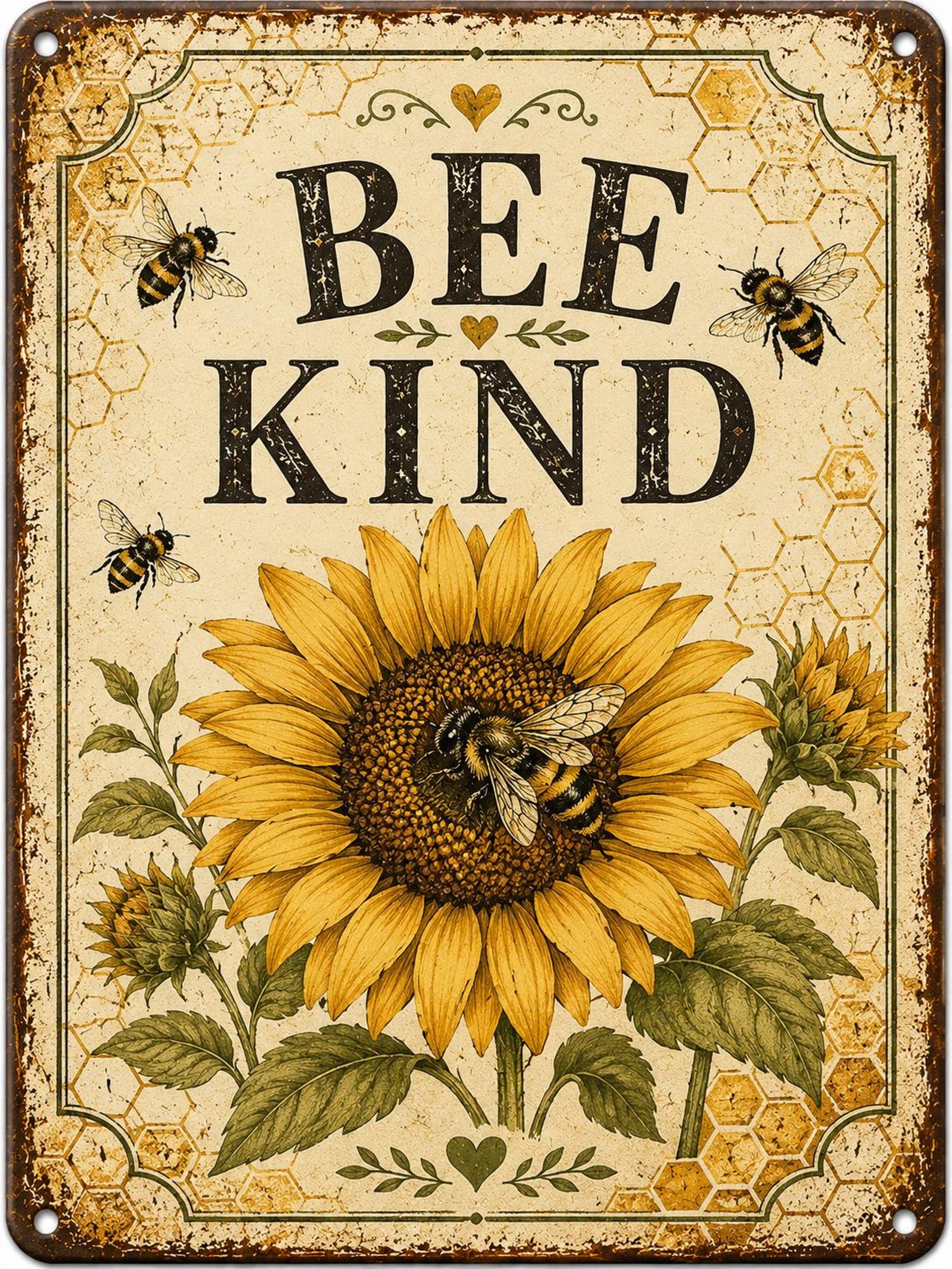 Bee Kind Sunflower Metal Sign, Rustic Farmhouse Garden Decor, Vintage Pollinator Art