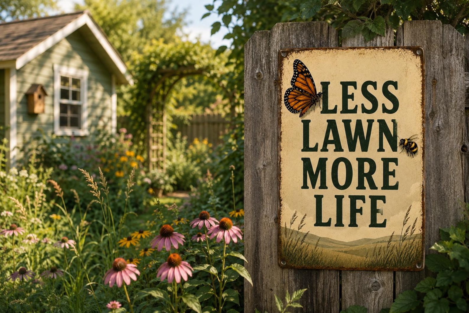 Vintage Less Lawn More Life Metal Sign, Rustic Garden Decor, Butterfly Bee Artwork