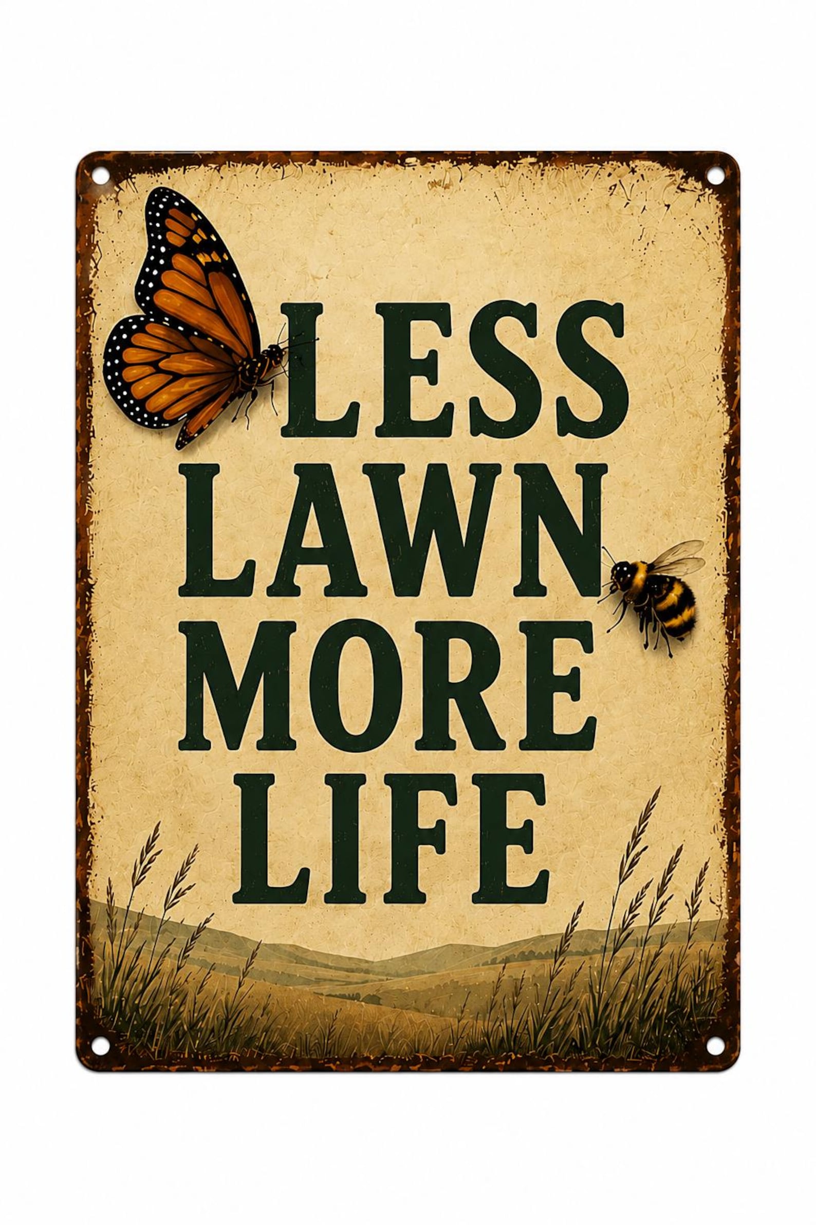 Vintage Less Lawn More Life Metal Sign, Rustic Garden Decor, Butterfly Bee Artwork