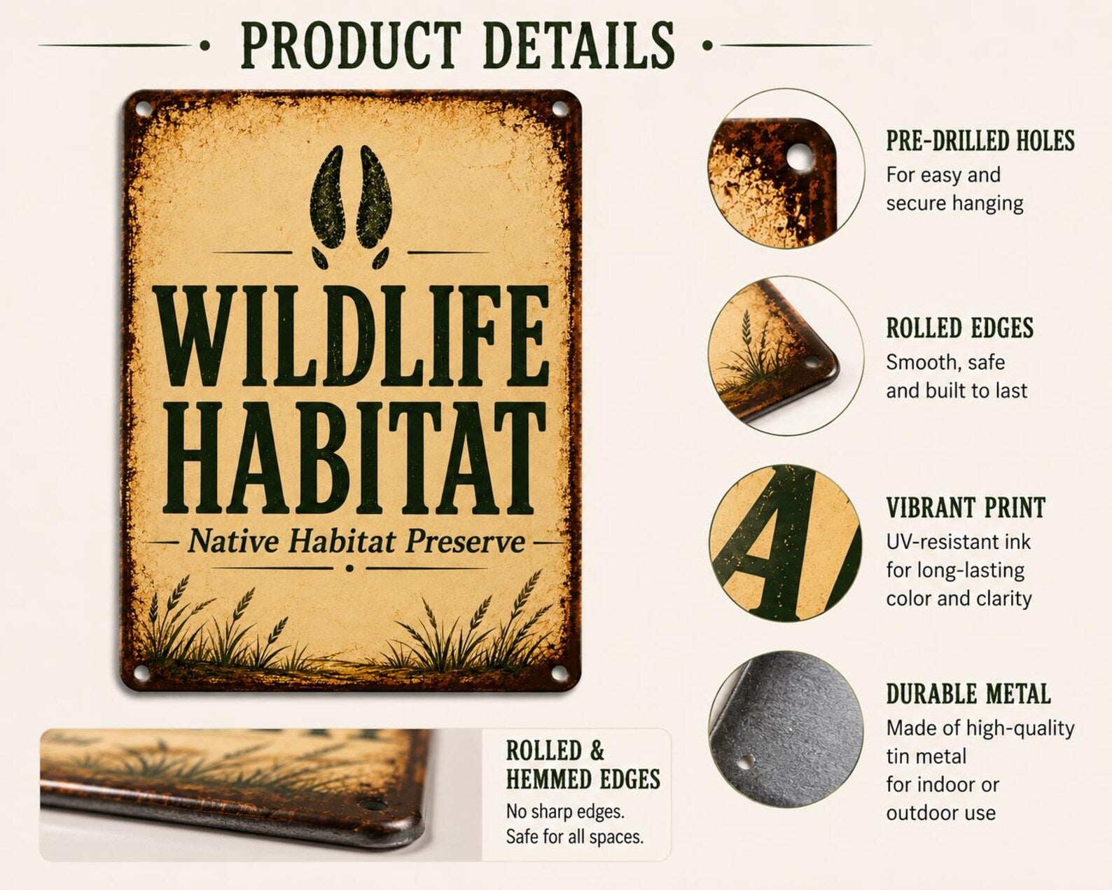 Vintage Wildlife Habitat Metal Sign, Rustic Native Preserve Plaque