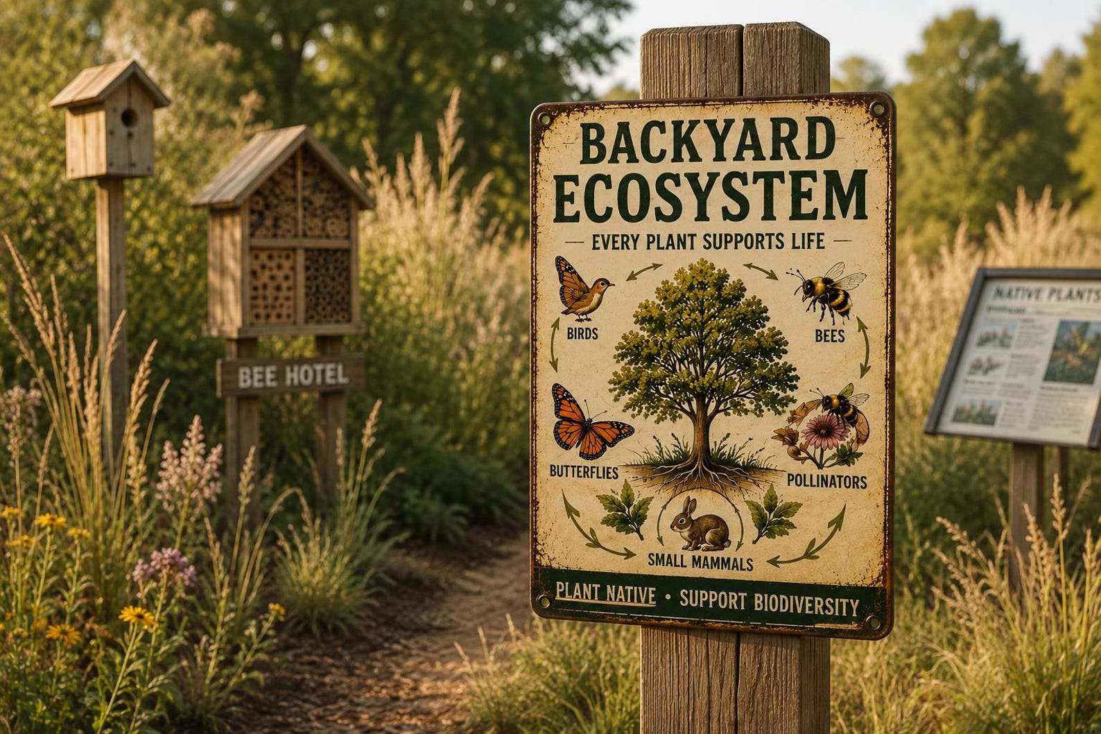 Vintage Backyard Ecosystem Metal Sign, Native Plant Biodiversity Decor