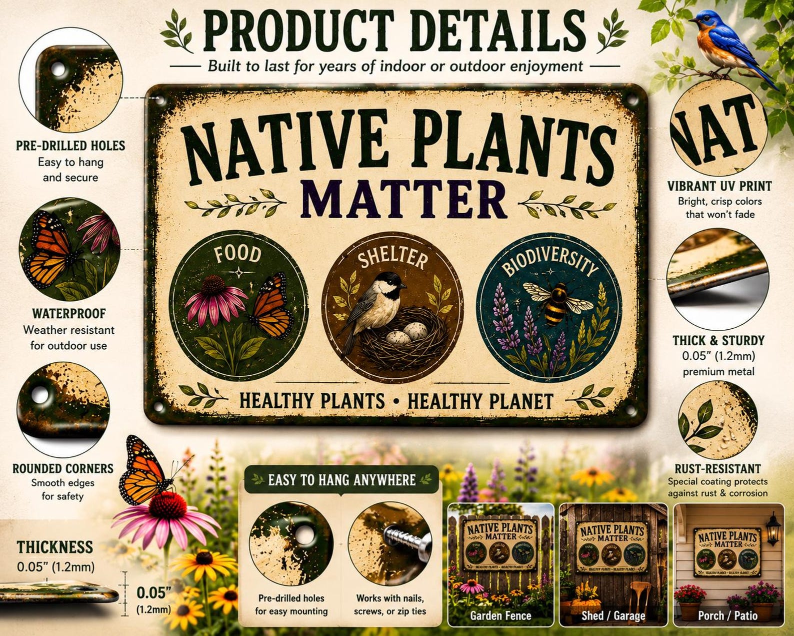 Native Plants Matter Metal Sign, Rustic Farmhouse Pollinator Garden Plaque