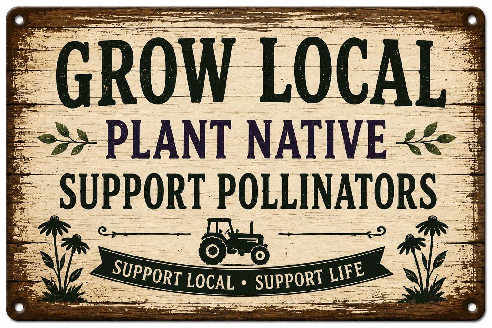 Vintage Metal Sign, Grow Local Plant Native, Support Pollinators Rustic Farmhouse Decor