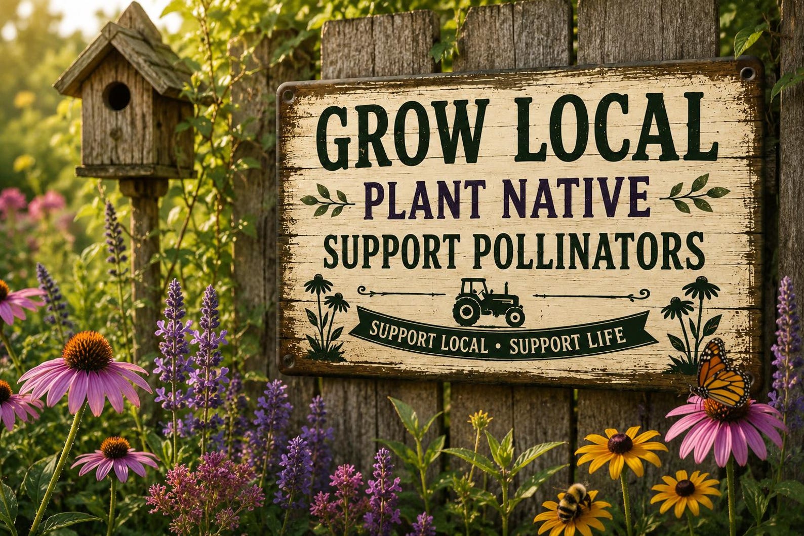 Vintage Metal Sign, Grow Local Plant Native, Support Pollinators Rustic Farmhouse Decor