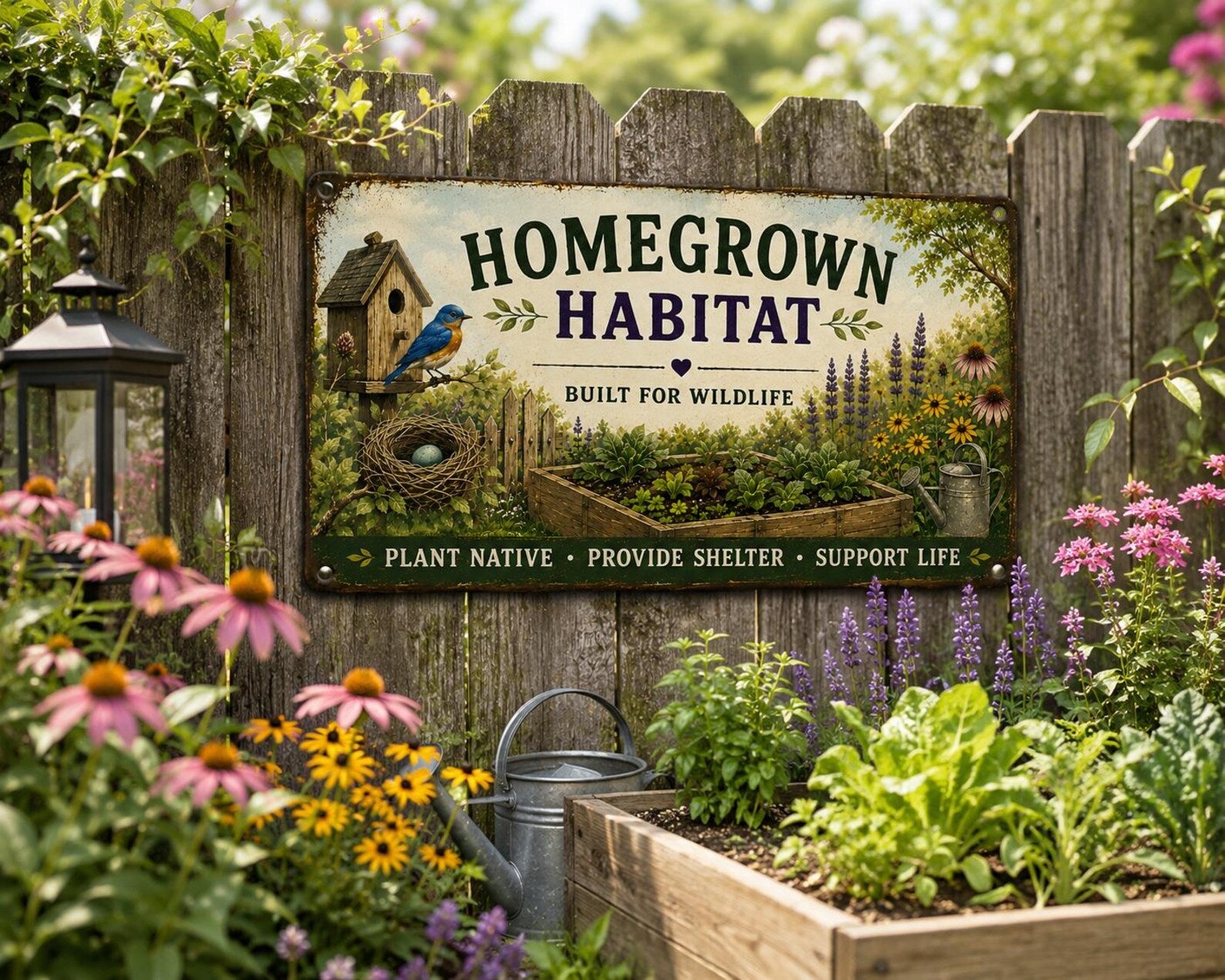 Homegrown Habitat Metal Sign, Built for Wildlife Garden Decor, Native Plant Farmhouse Plaque