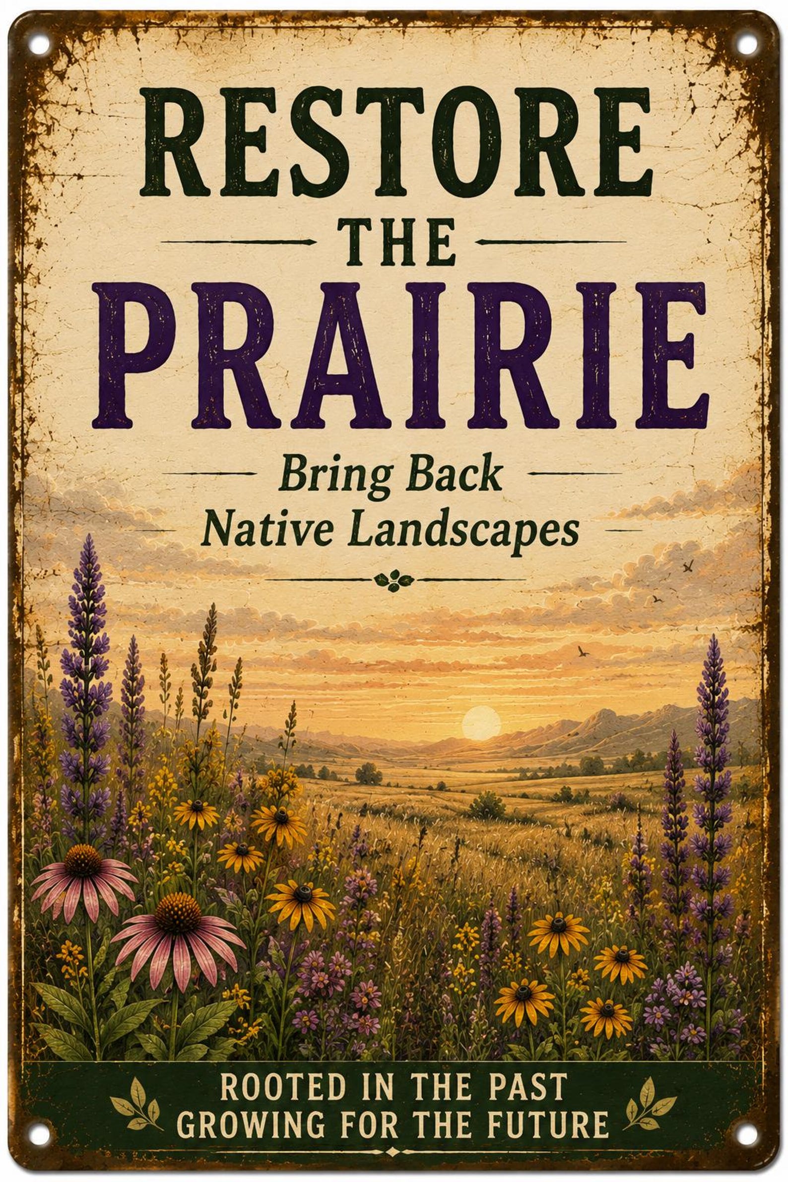 Restore Prairie Metal Sign, Wildflower Meadow Native Landscapes Wall Decor