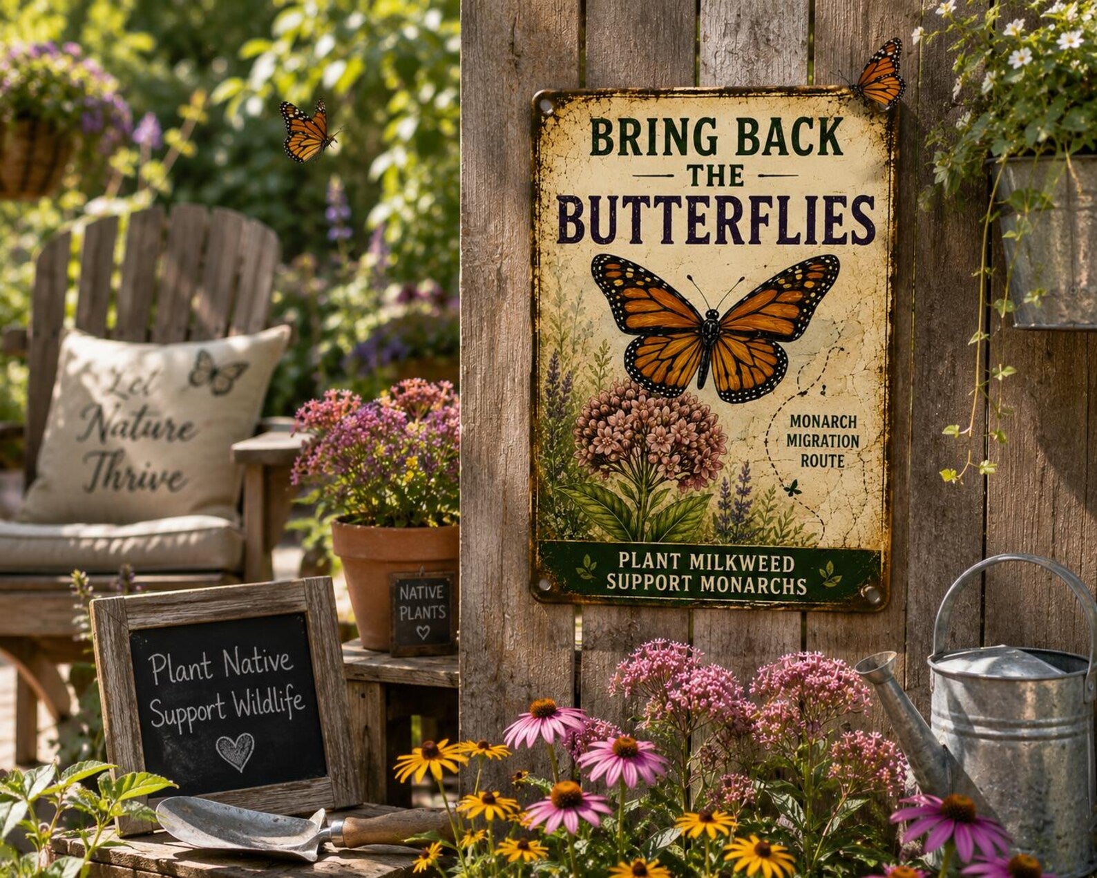 Vintage Butterfly Metal Sign, Monarch Garden Wall Decor, Plant Milkweed Plaque