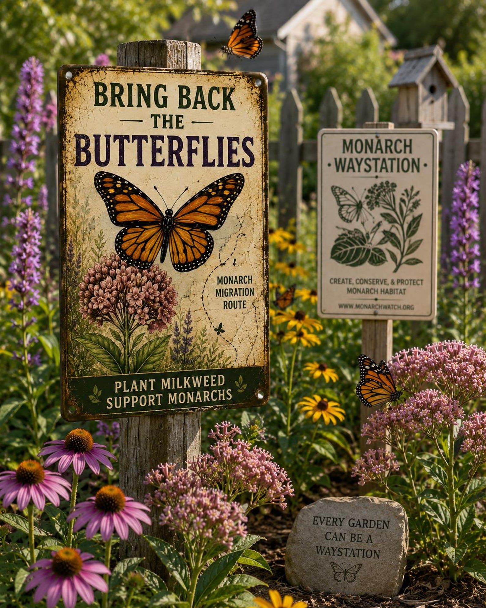 Vintage Butterfly Metal Sign, Monarch Garden Wall Decor, Plant Milkweed Plaque