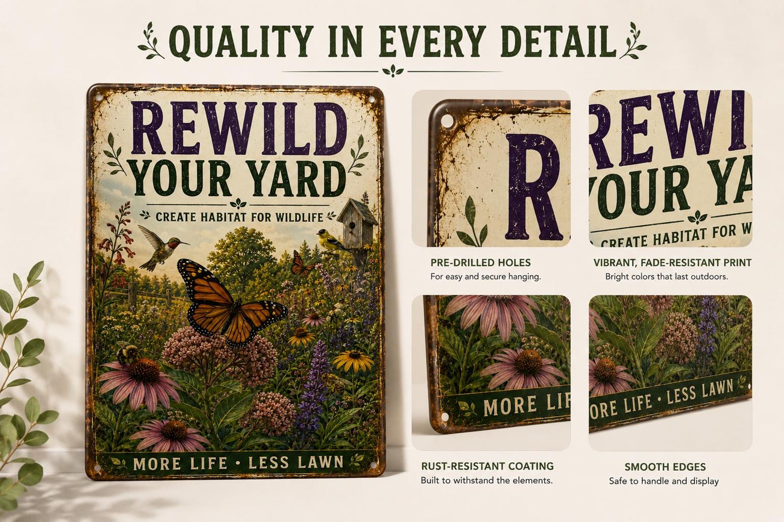 Native Wildlife Garden Metal Sign, Rewild Your Yard Decor, Pollinator Paradise Plaque