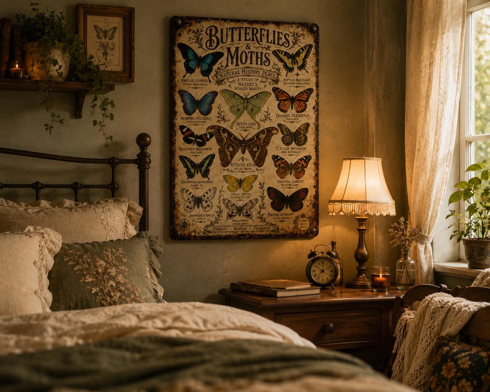 Vintage Butterflies Moths Metal Sign, Natural History Wall Decor, Entomology Plaque, Cottagecore Farmhouse Art