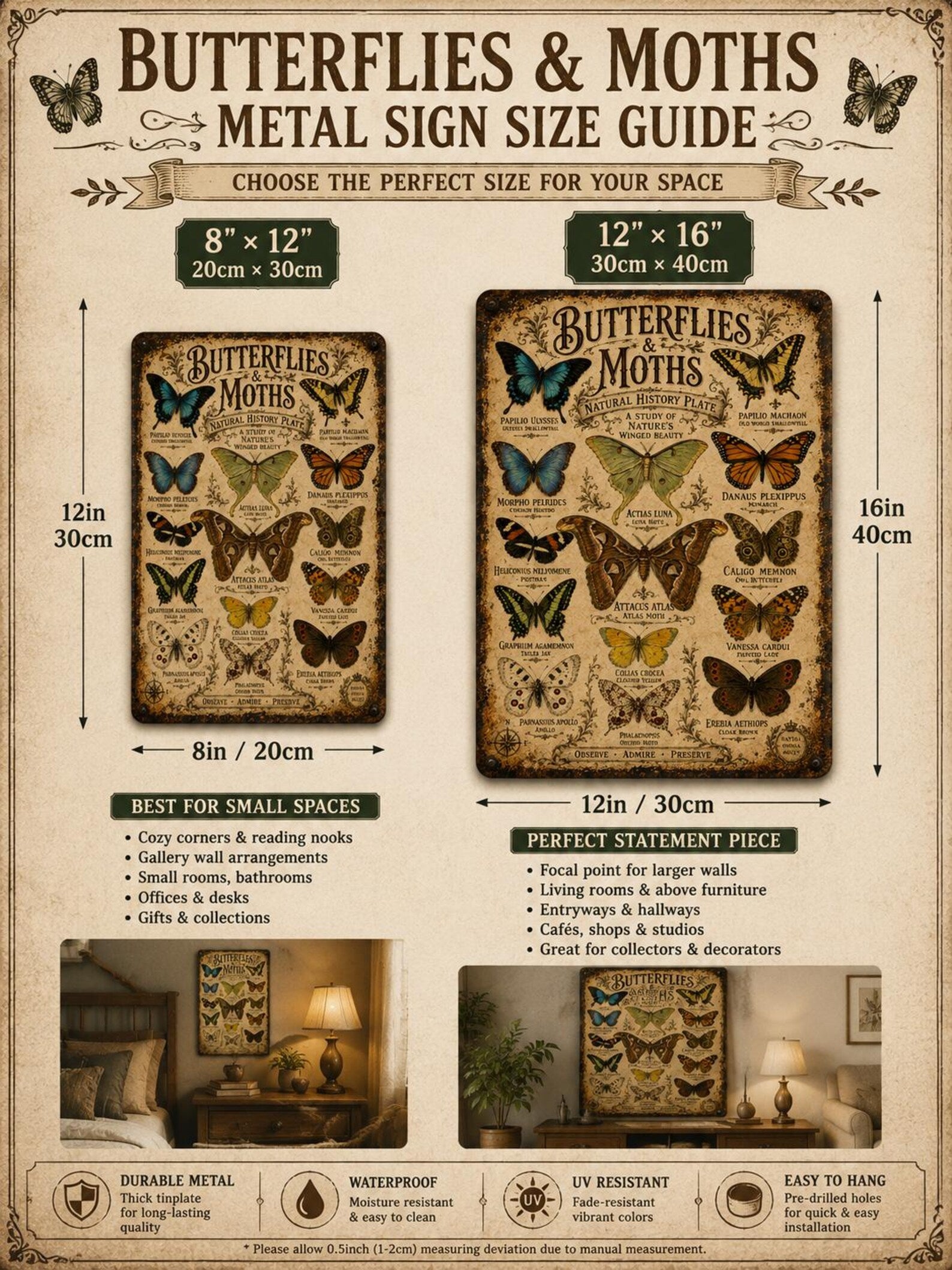Vintage Butterflies Moths Metal Sign, Natural History Wall Decor, Entomology Plaque, Cottagecore Farmhouse Art