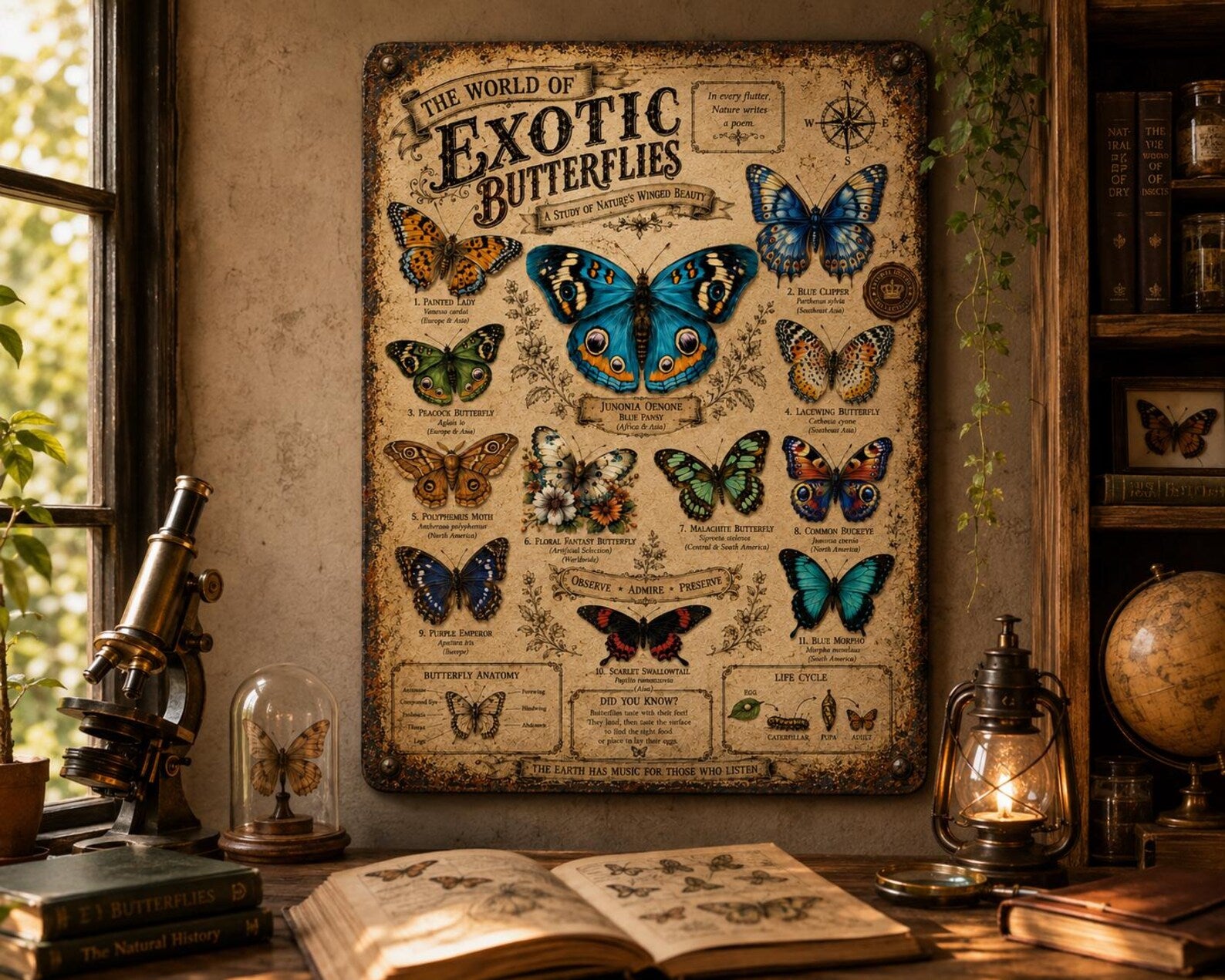 Exotic Butterfly Species Metal Sign, Vintage Entomology Wall Art, Natural History Insect Chart