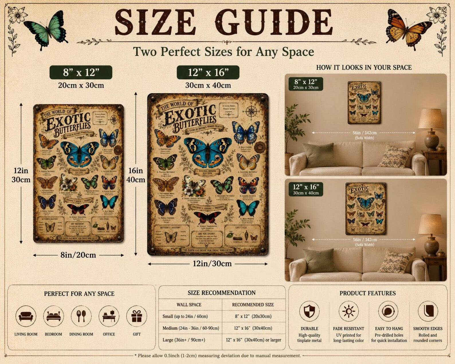 Exotic Butterfly Species Metal Sign, Vintage Entomology Wall Art, Natural History Insect Chart
