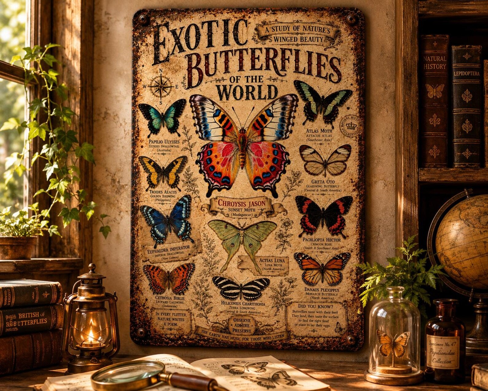 Vintage Exotic Butterflies Metal Sign, Antique Lepidoptera Chart Wall Decor