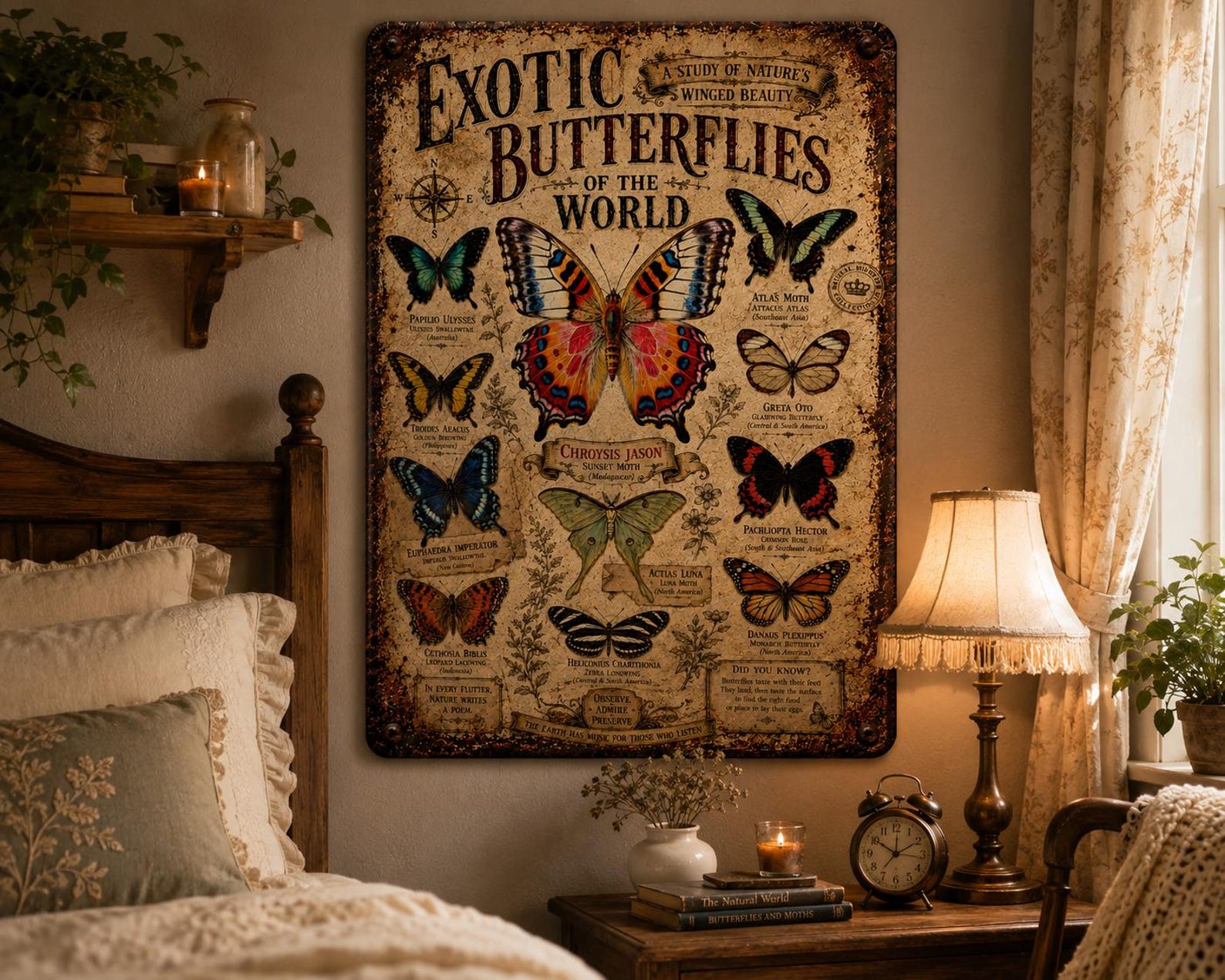 Vintage Exotic Butterflies Metal Sign, Antique Lepidoptera Chart Wall Decor