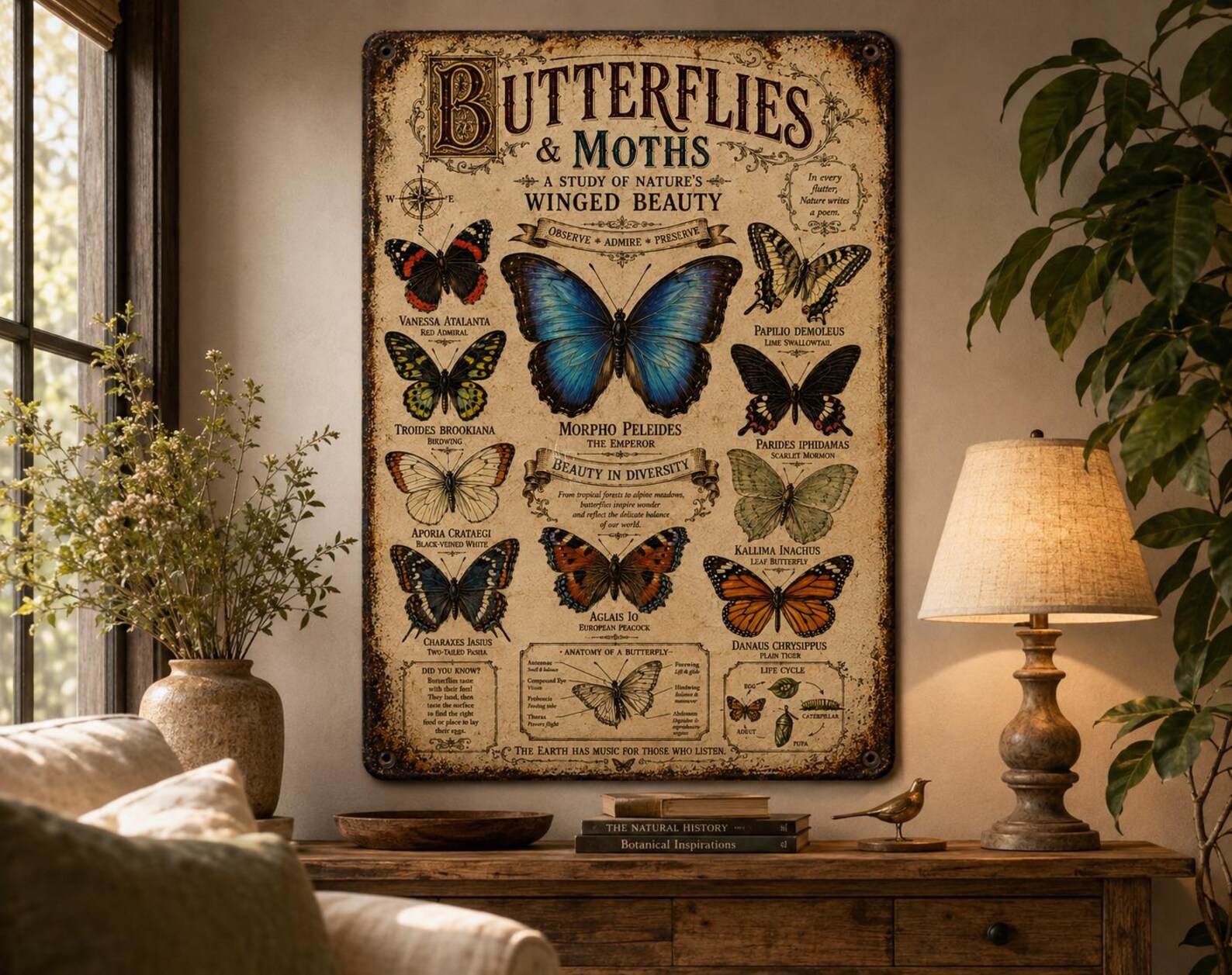 Vintage Butterfly Identification Metal Sign, Antique Lepidoptera Wall Decor