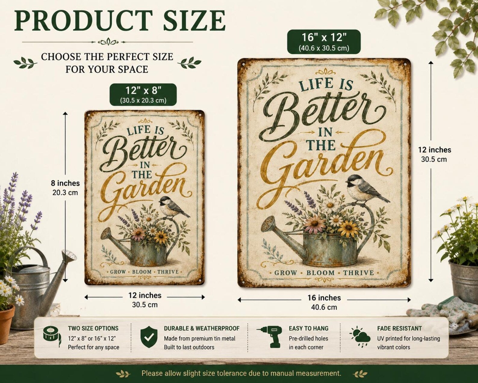 Vintage Garden Metal Sign, Life Is Better in the Garden Wall Decor, Rustic Farmhouse Floral Plaque, Gardening Gift for Women
