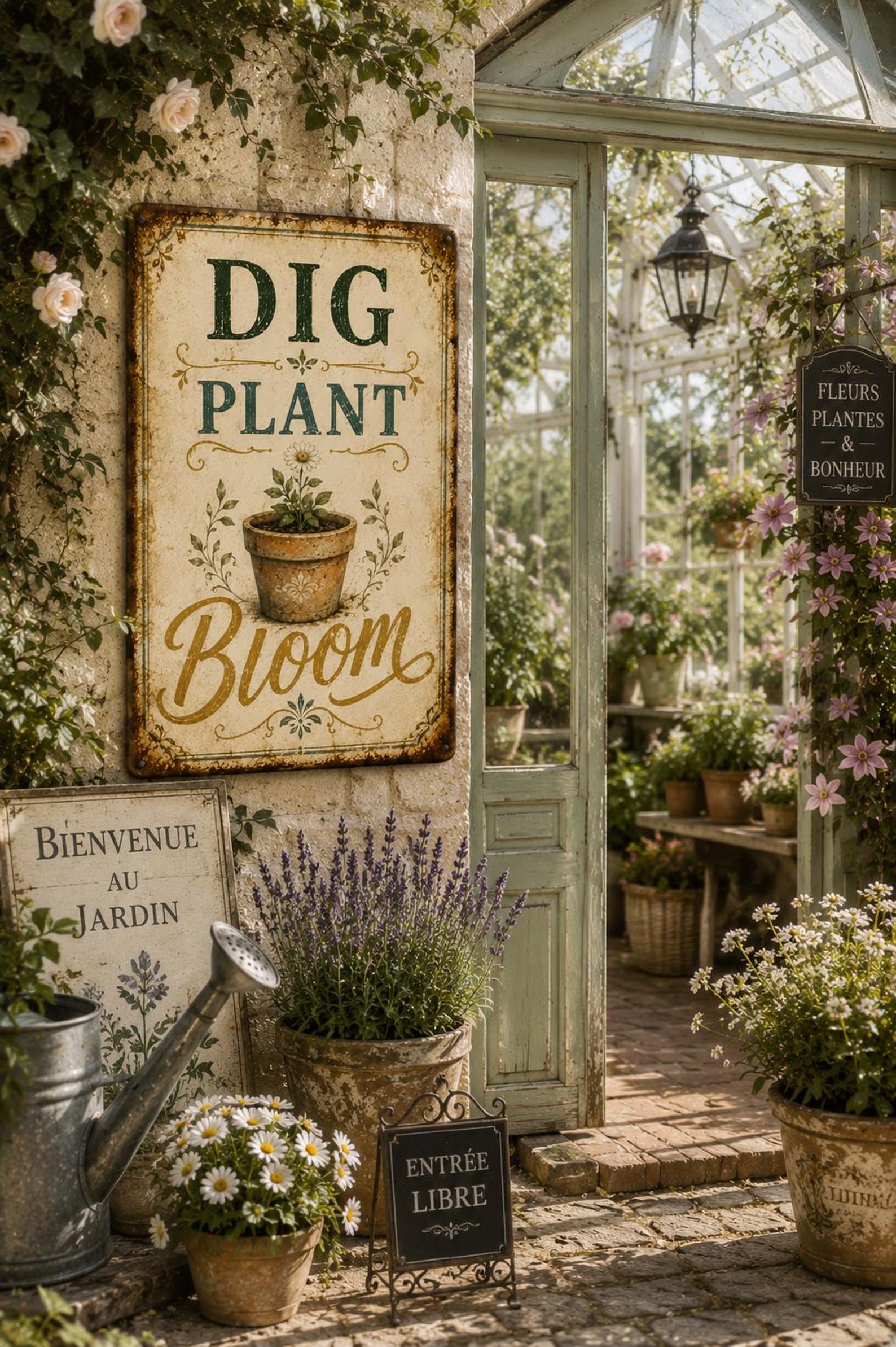 Dig Plant Bloom Metal Sign, Vintage Farmhouse Garden Wall Decor, Rustic Floral Metal Plaque, Gardener Gift, Potting Shed Decor