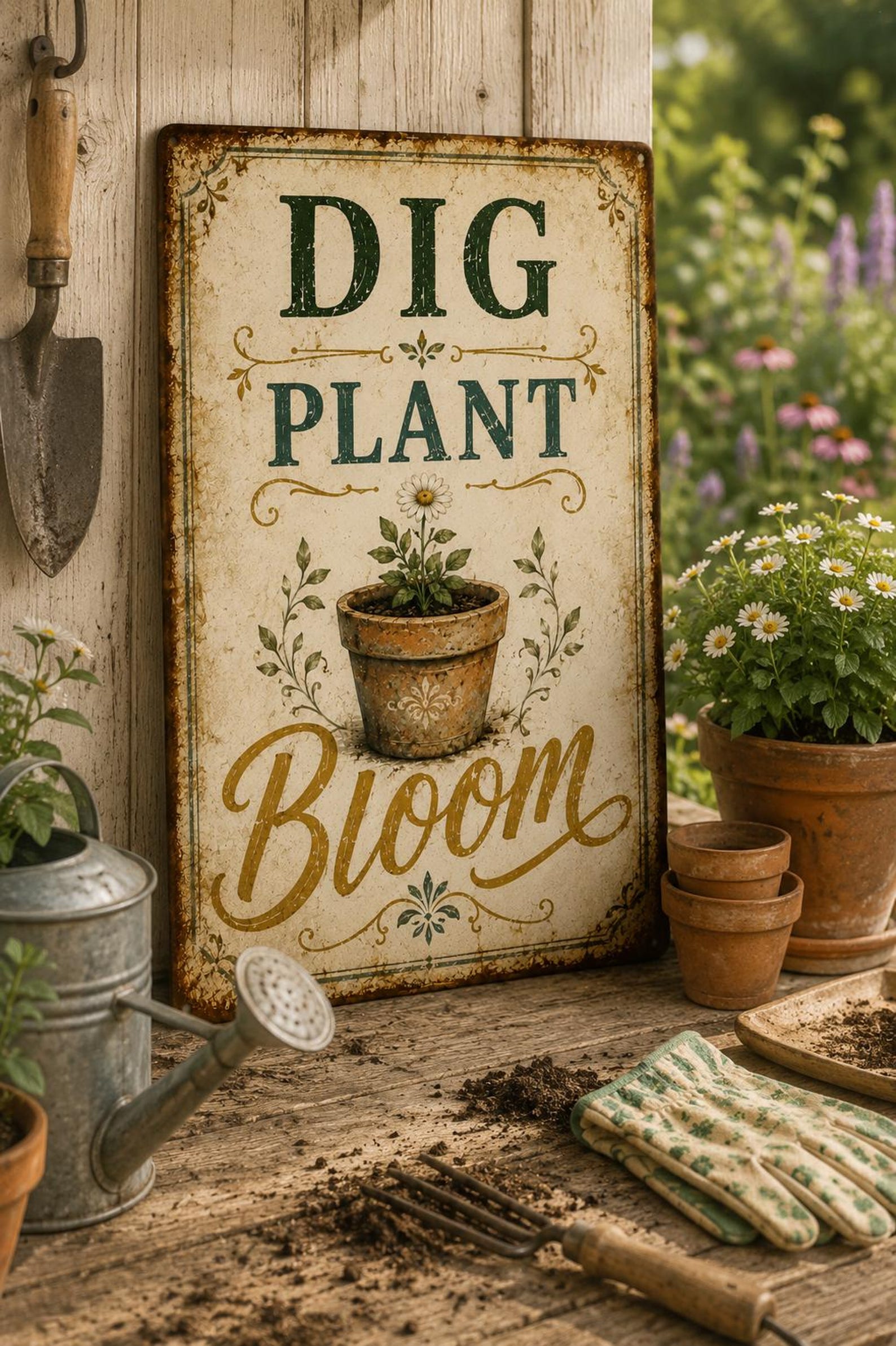 Dig Plant Bloom Metal Sign, Vintage Farmhouse Garden Wall Decor, Rustic Floral Metal Plaque, Gardener Gift, Potting Shed Decor