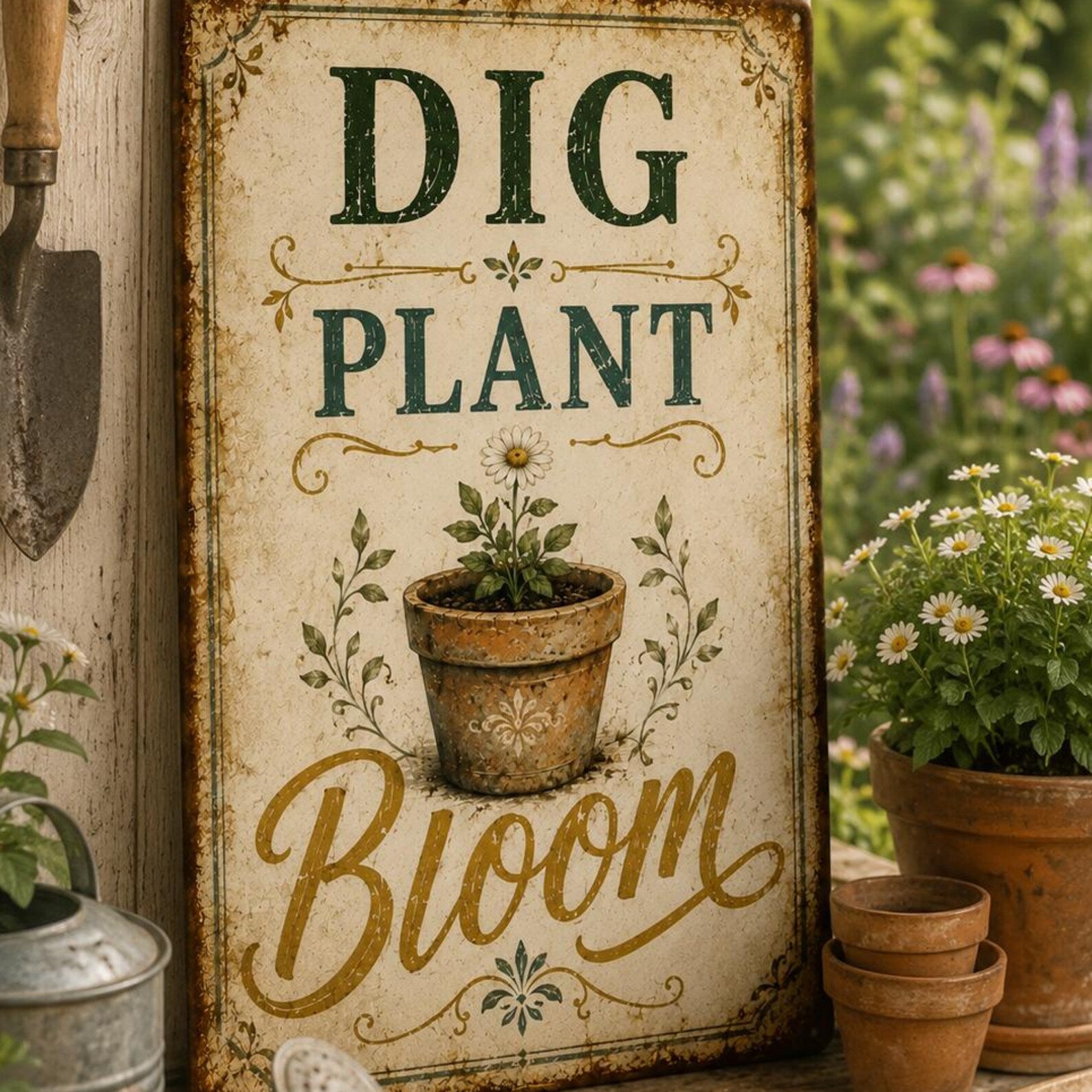 Dig Plant Bloom Metal Sign, Vintage Farmhouse Garden Wall Decor, Rustic Floral Metal Plaque, Gardener Gift, Potting Shed Decor
