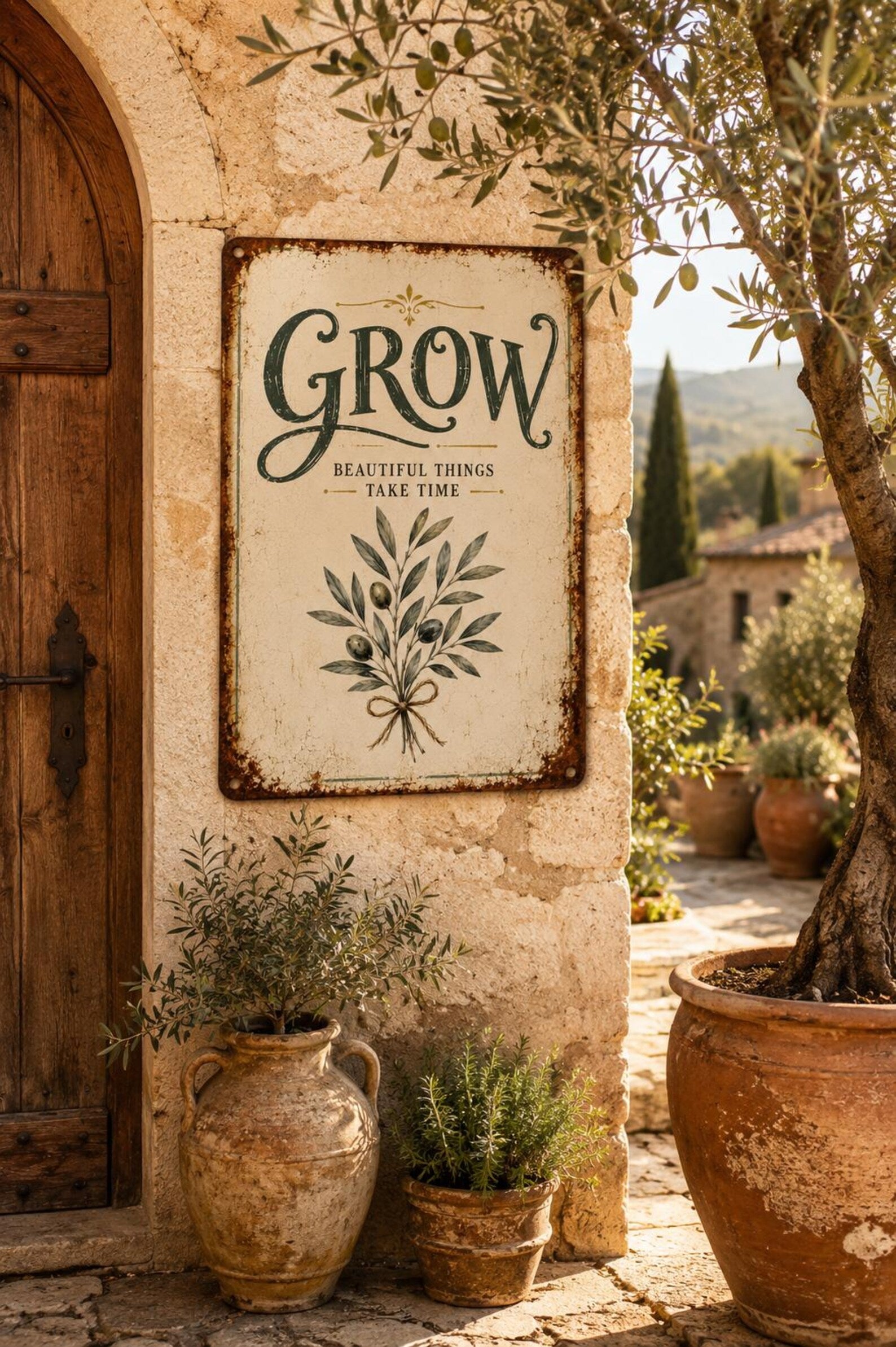 Grow Beautiful Things Take Time Metal Sign, Vintage Olive Branch Wall Decor, Rustic Farmhouse Botanical Plaque, Garden Lover Gift