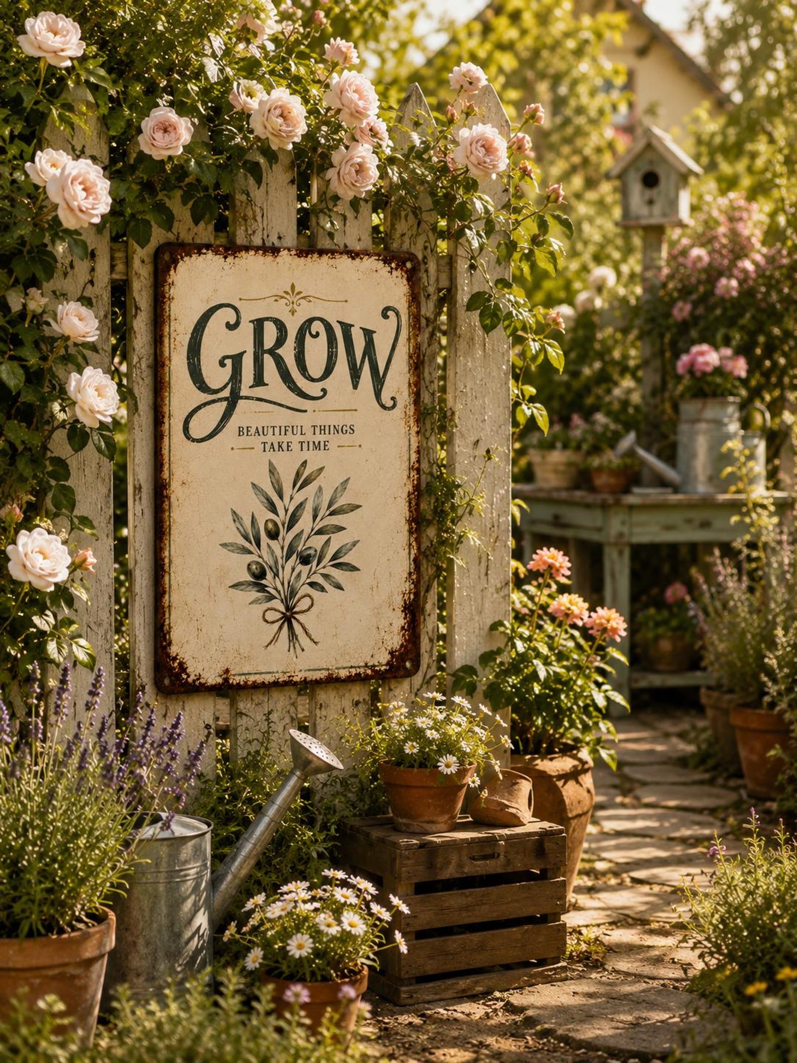 Grow Beautiful Things Take Time Metal Sign, Vintage Olive Branch Wall Decor, Rustic Farmhouse Botanical Plaque, Garden Lover Gift