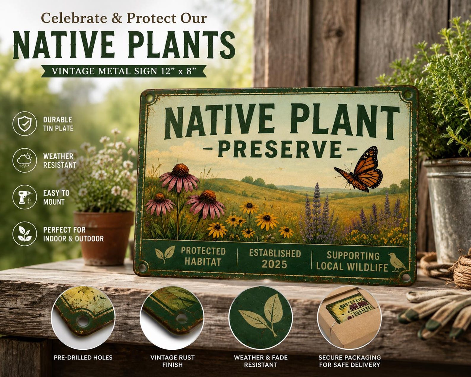 Native Plant Preserve Metal Sign, Vintage Pollinator Garden Wall Decor, Protected Habitat Farmhouse Plaque, Wildlife Garden Gift