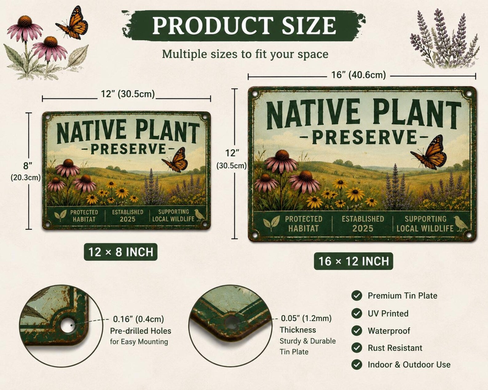 Native Plant Preserve Metal Sign, Vintage Pollinator Garden Wall Decor, Protected Habitat Farmhouse Plaque, Wildlife Garden Gift