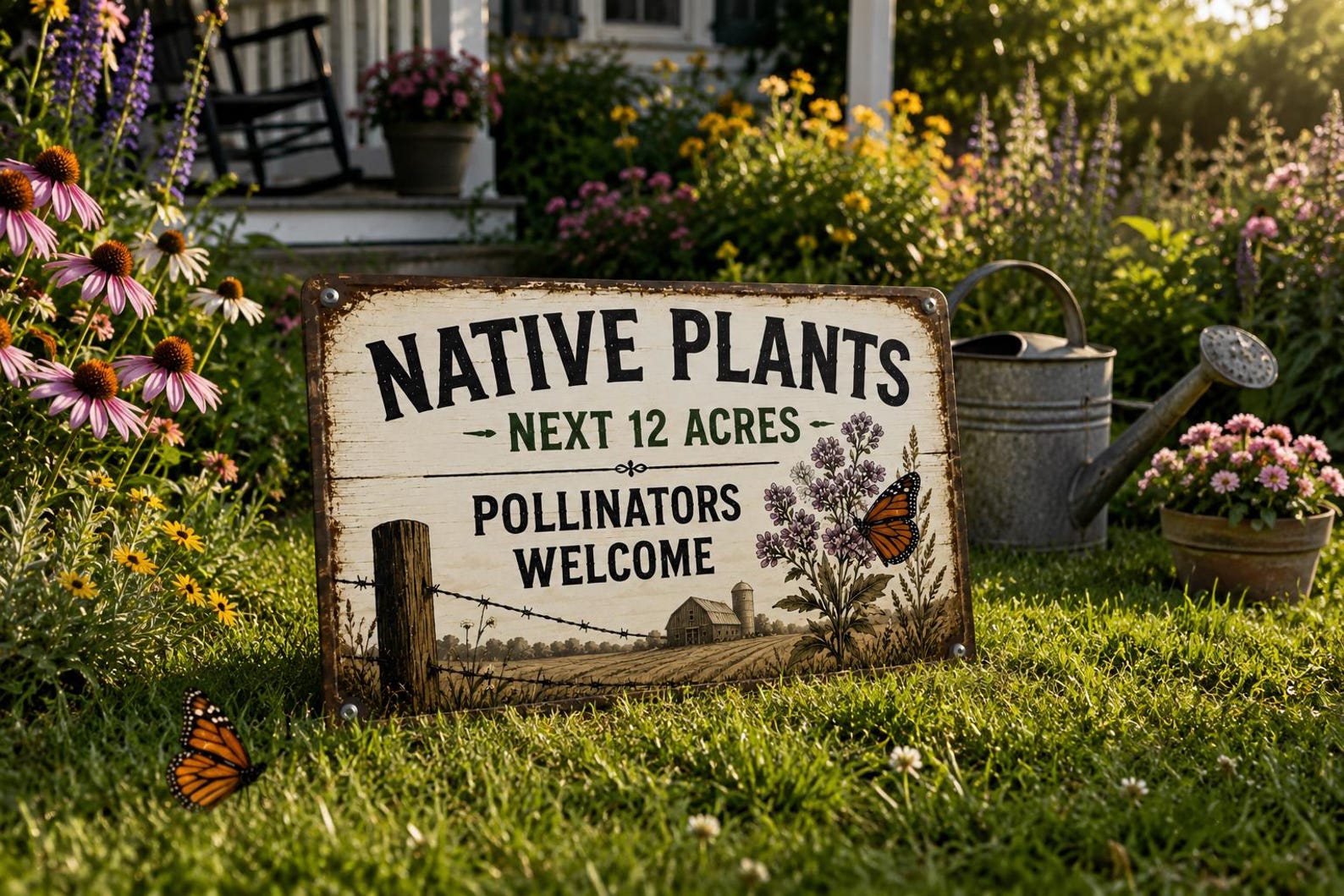 Pollinator Welcome Metal Sign, Native Plants Garden Decor, Rustic Farmhouse Wall Plaque, Butterfly Meadow Yard Sign, Wildlife Habitat Gift
