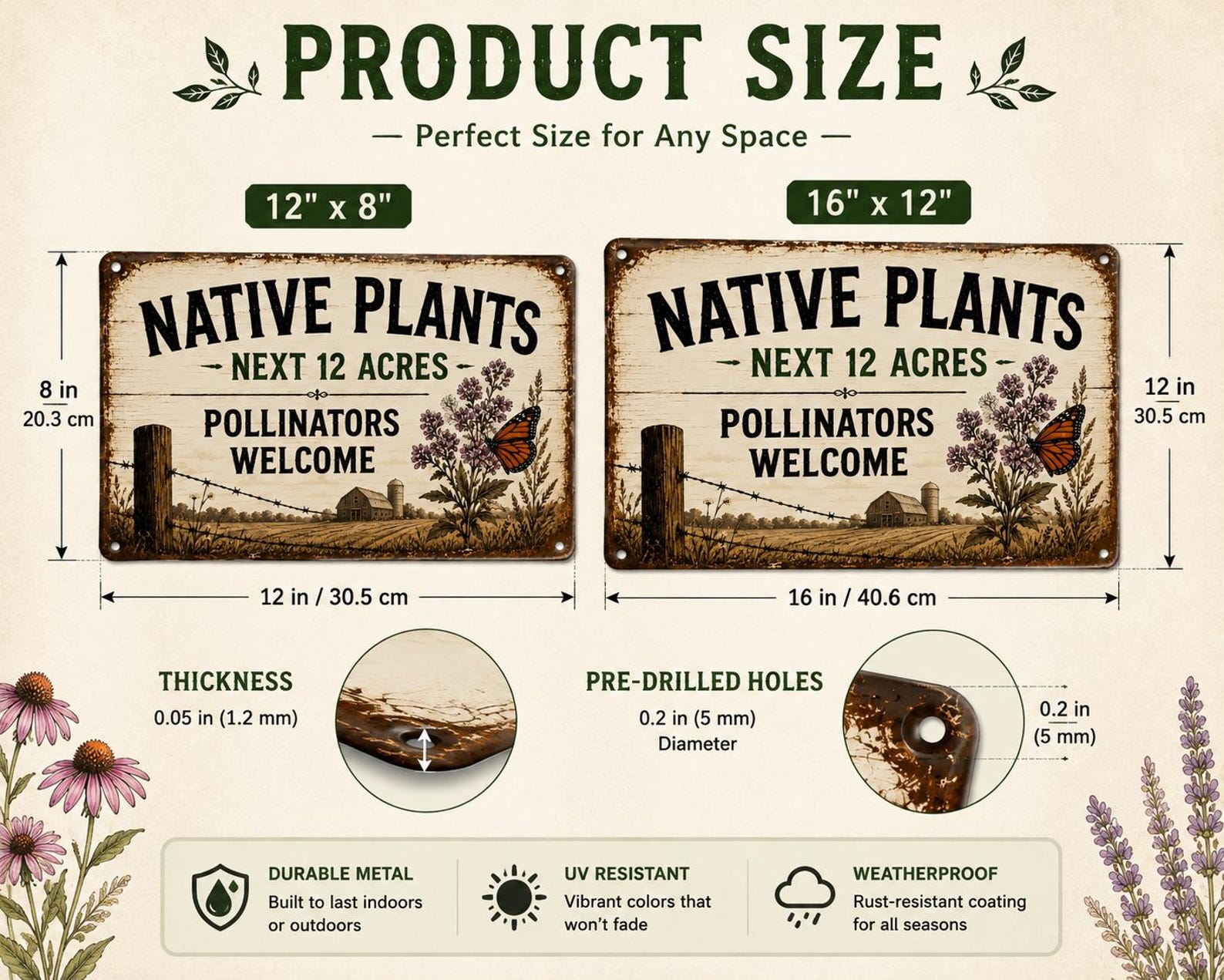 Pollinator Welcome Metal Sign, Native Plants Garden Decor, Rustic Farmhouse Wall Plaque, Butterfly Meadow Yard Sign, Wildlife Habitat Gift