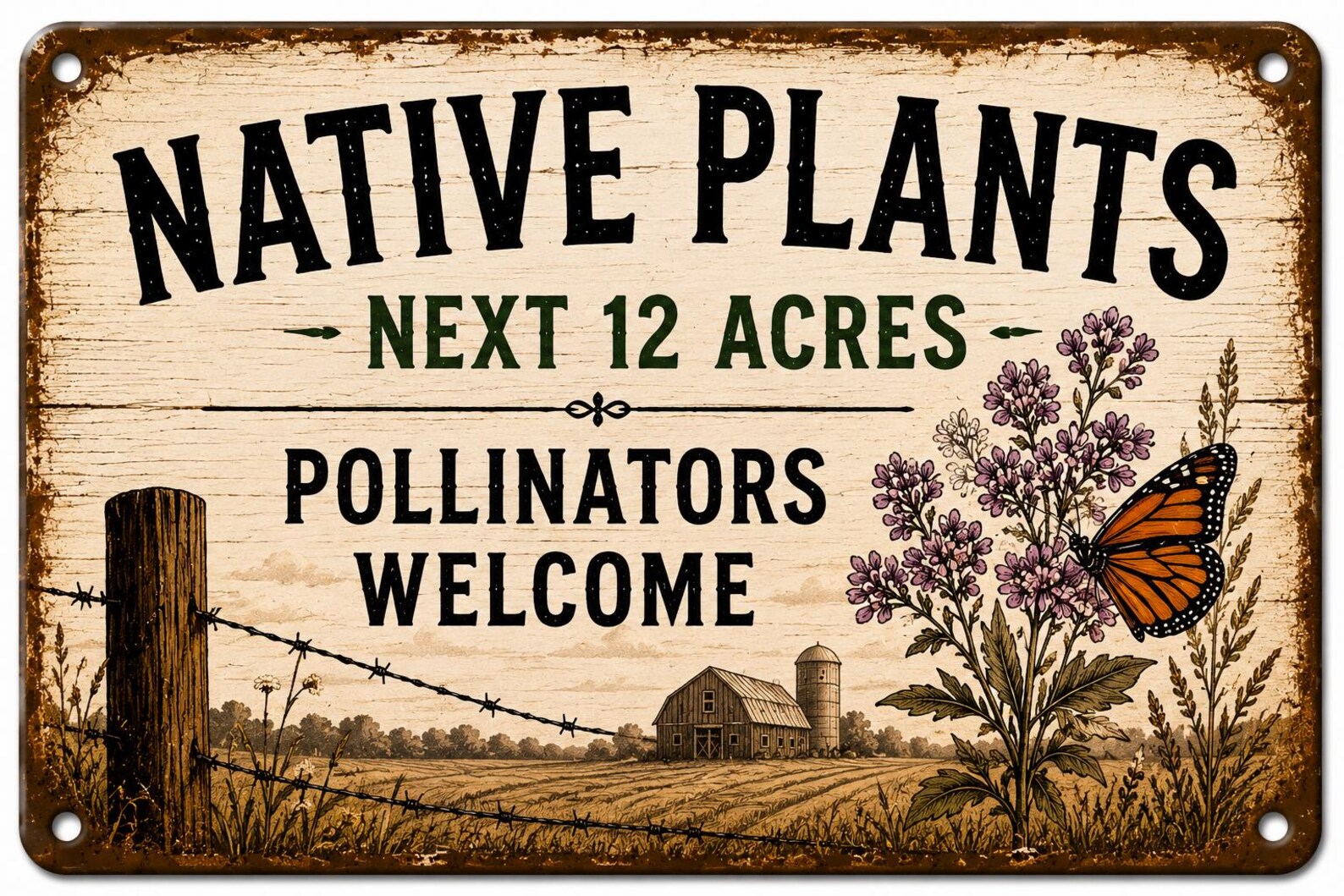 Pollinator Welcome Metal Sign, Native Plants Garden Decor, Rustic Farmhouse Wall Plaque, Butterfly Meadow Yard Sign, Wildlife Habitat Gift