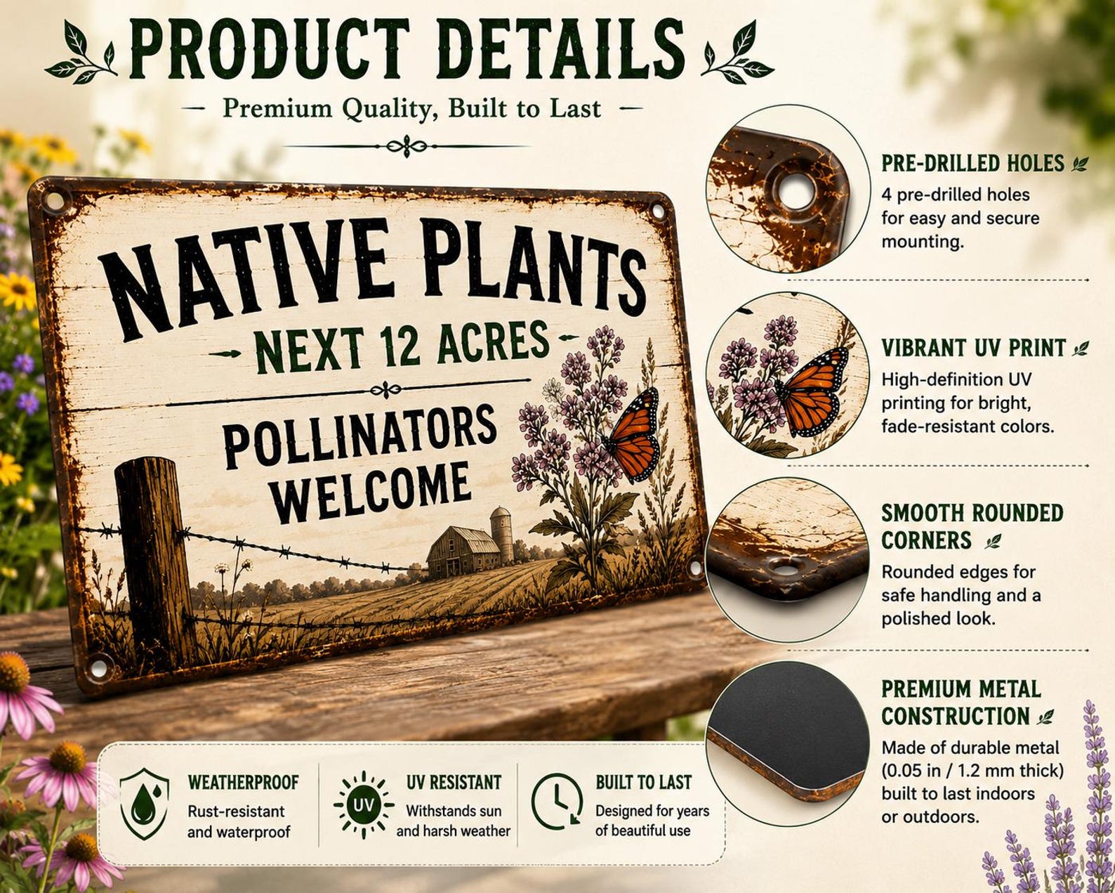 Pollinator Welcome Metal Sign, Native Plants Garden Decor, Rustic Farmhouse Wall Plaque, Butterfly Meadow Yard Sign, Wildlife Habitat Gift
