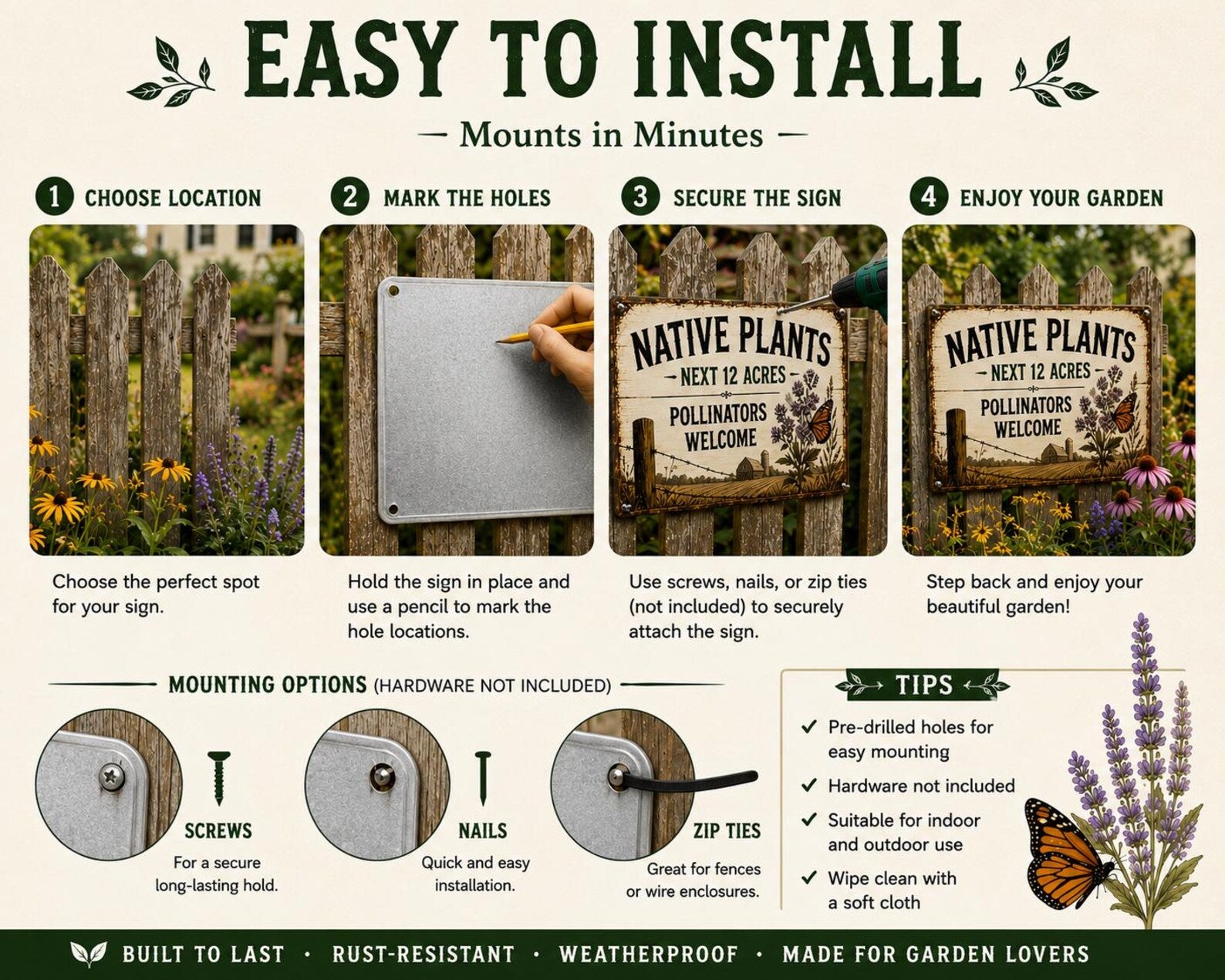 Pollinator Welcome Metal Sign, Native Plants Garden Decor, Rustic Farmhouse Wall Plaque, Butterfly Meadow Yard Sign, Wildlife Habitat Gift