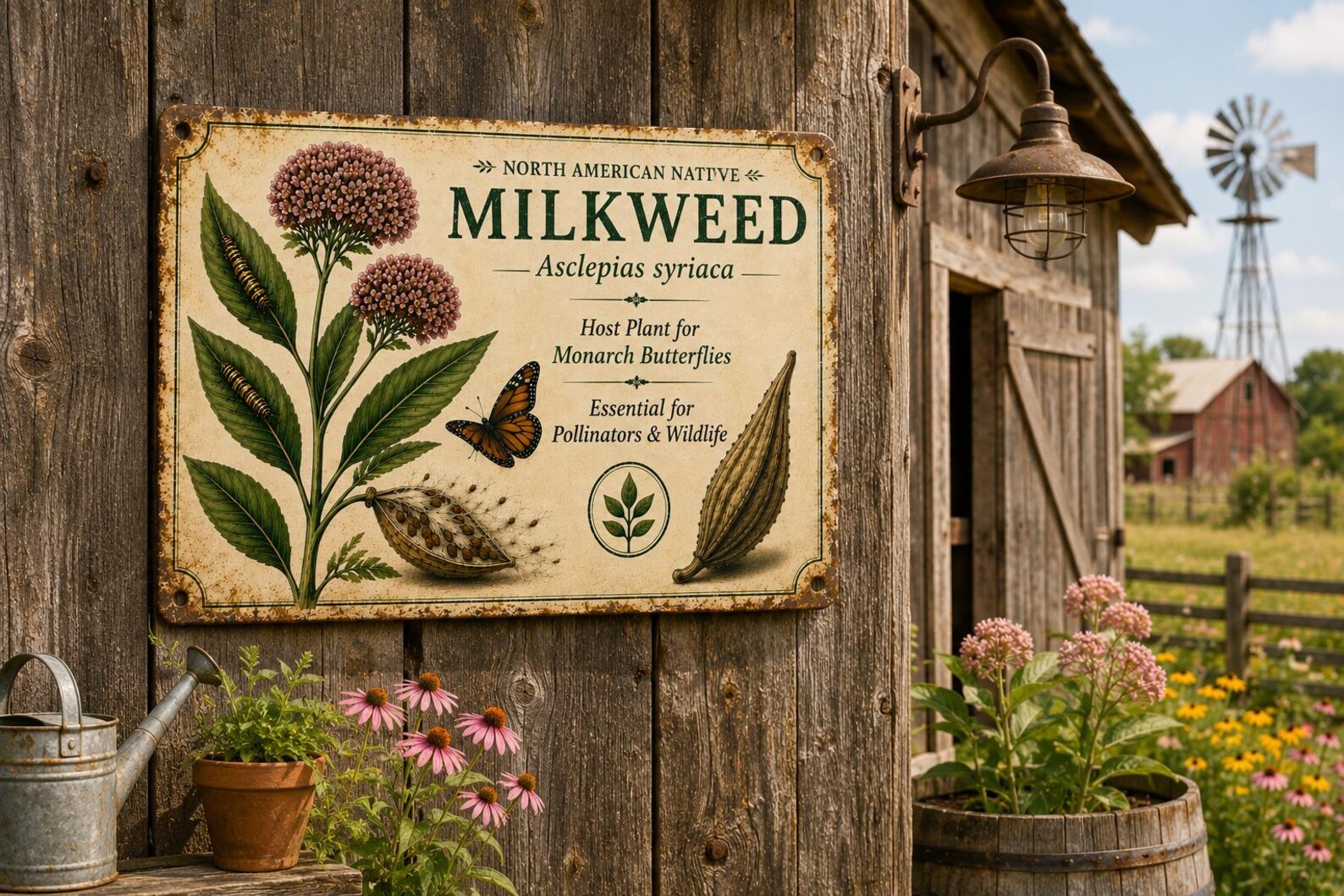 Milkweed Botanical Metal Sign, Vintage Monarch Butterfly Garden Decor, Native Wildflower Educational Wall Plaque, Pollinator Plant Gift