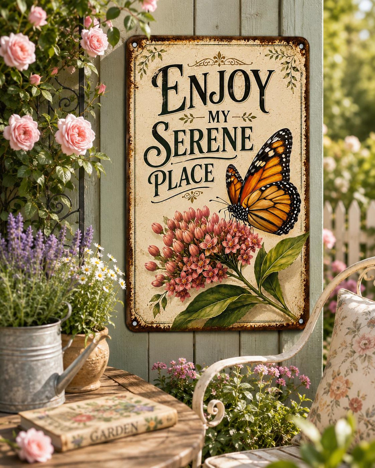 Enjoy My Serene Place Metal Garden Sign, Vintage Butterfly Wall Decor, Cottage Garden Plaque, Rustic Outdoor Yard Gift