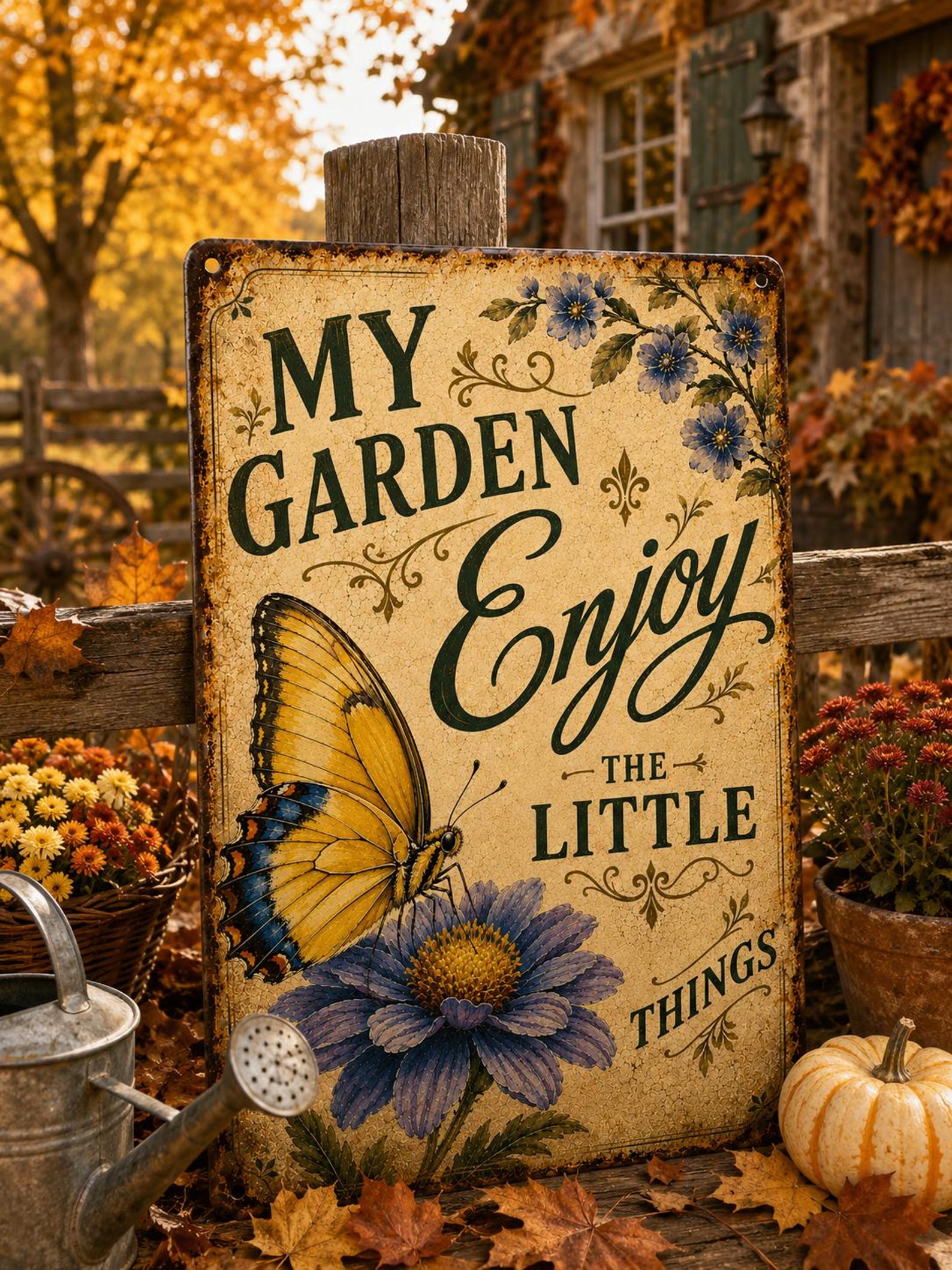 My Garden Enjoy the Little Things Metal Sign, Vintage Butterfly Garden Decor, Rustic Floral Wall Art, Cottage Farmhouse Gift