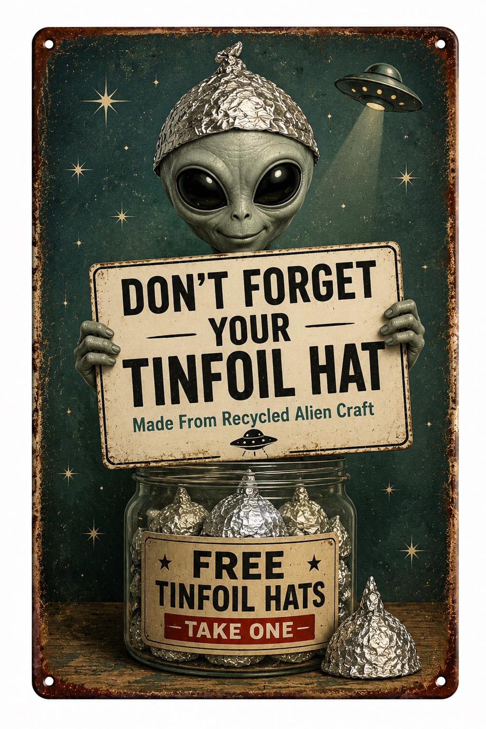 Inspired by Andrea welcome to the alien family free tinfoil hat stake one!Made from Recycled Alien Spacecraft