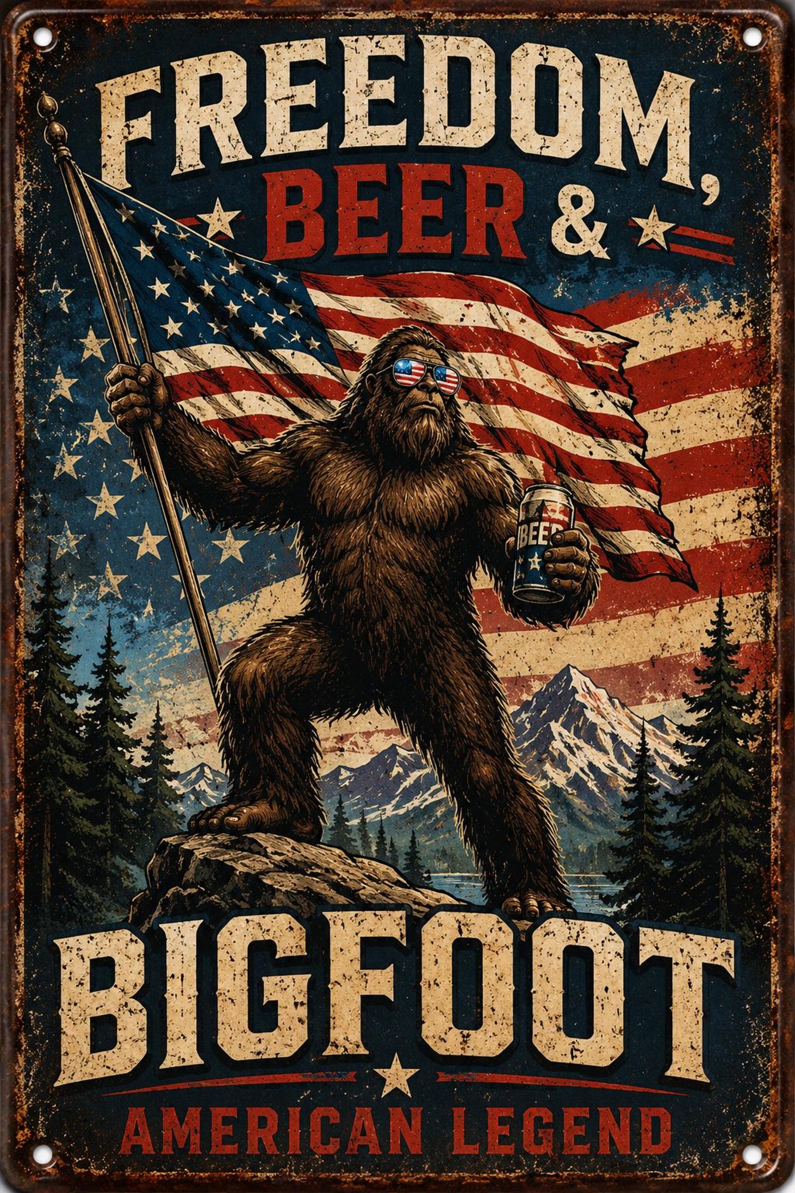 Freedom Beer & Bigfoot Metal Sign, Patriotic Sasquatch Wall Decor, American Legend Tin Sign, Funny Man Cave Bar Decor, Rustic Cabin Wall Art